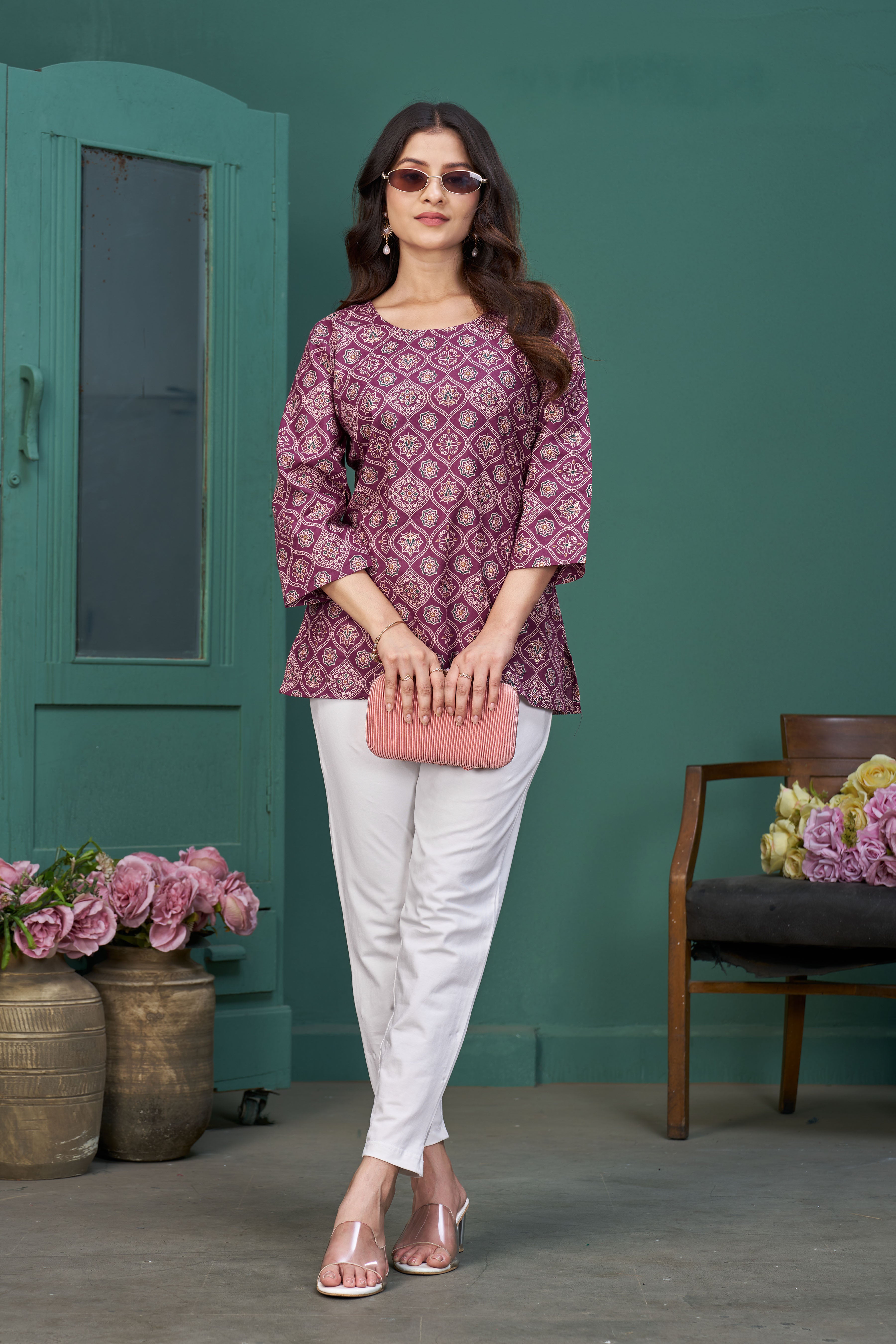 Women’s Wine Printed Pure Cotton Top/Tunic