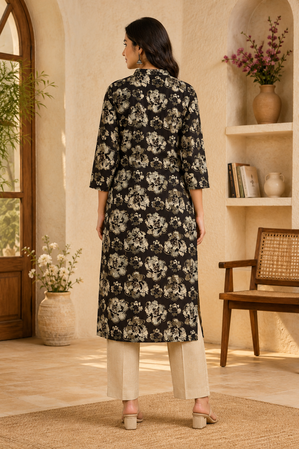 Back view of black floral printed midi dress