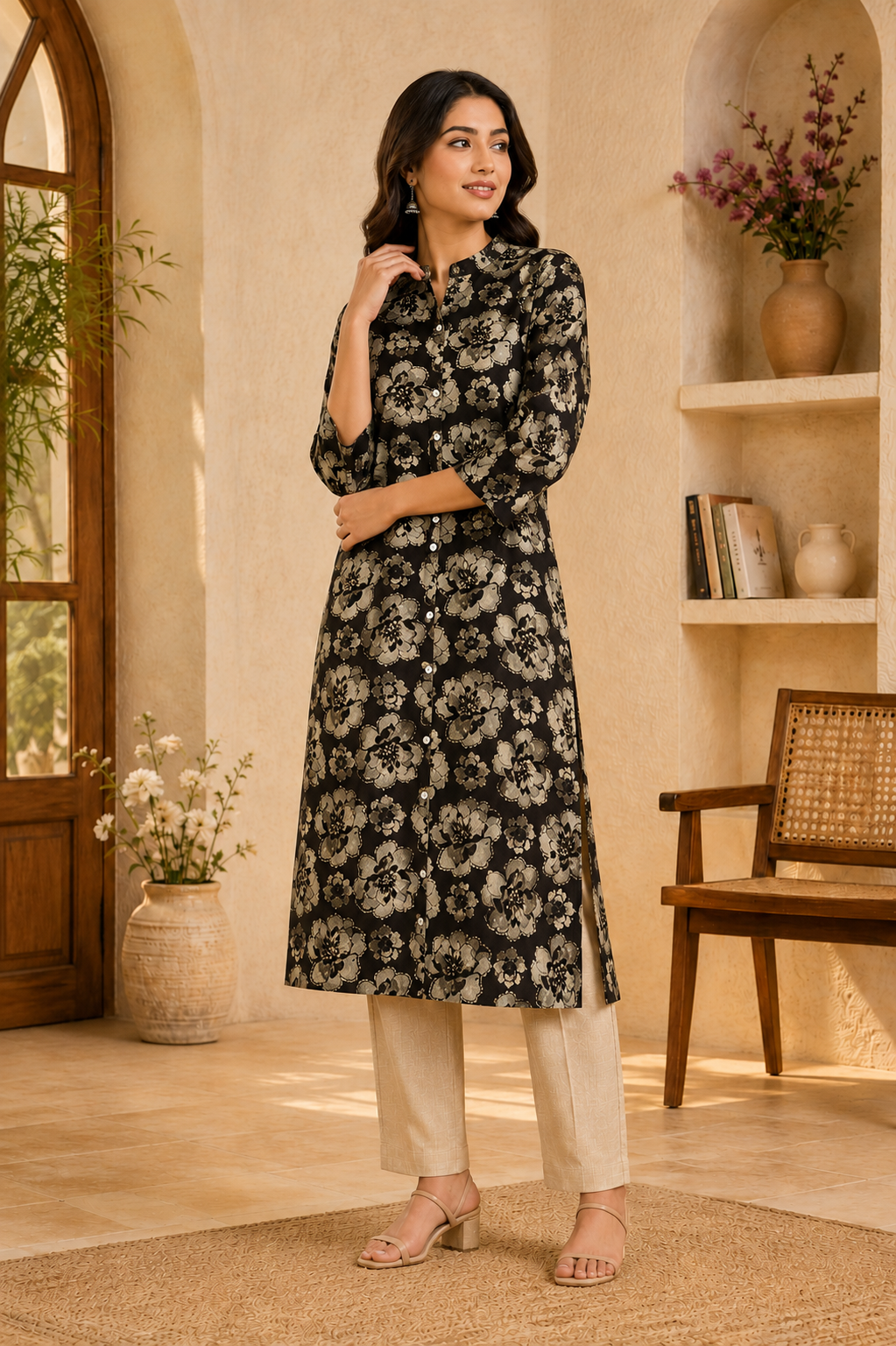 Black floral midi dress styled for casual wear