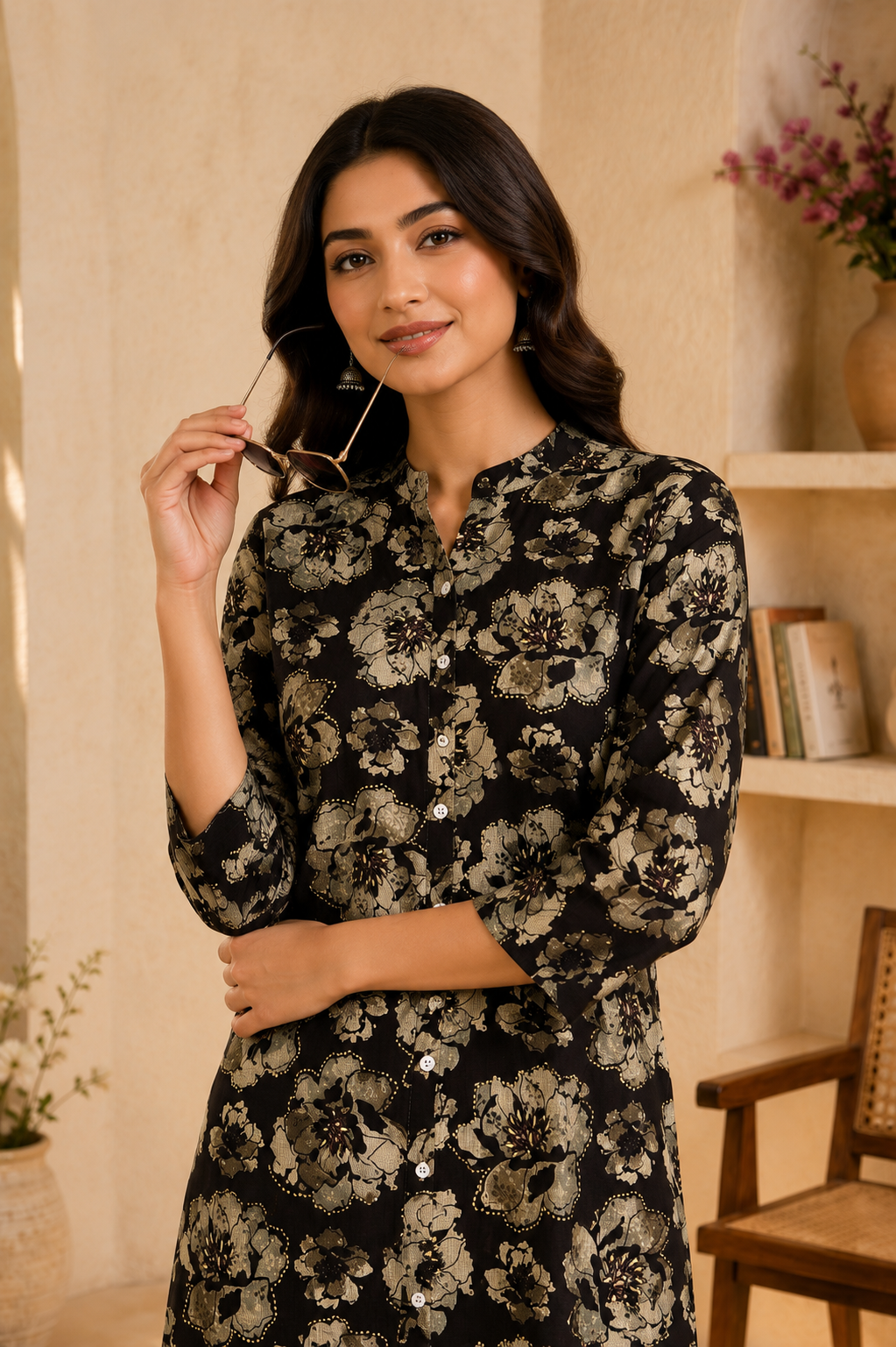 Close-up of floral print pattern on black midi dress
