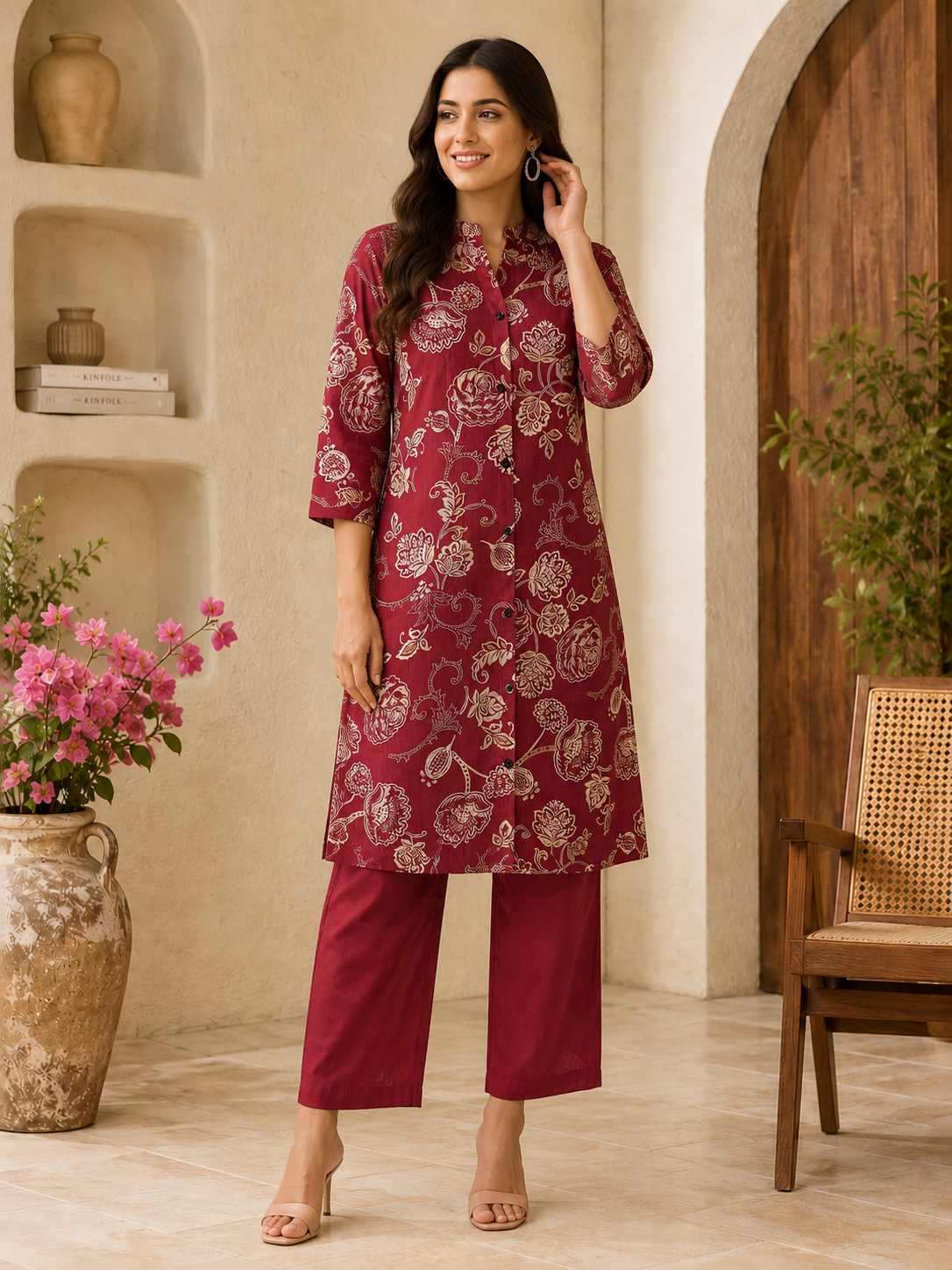 Maroon color floral kurti styled with straight pants