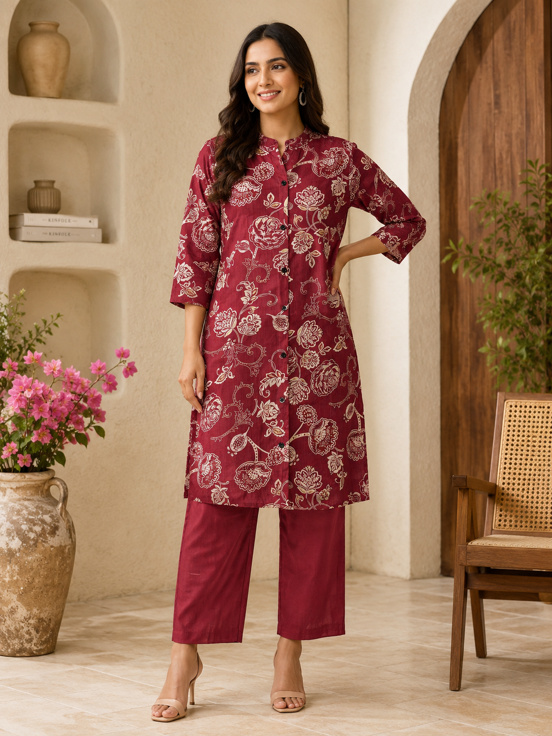 Maroon floral printed kurta set for women with matching pants