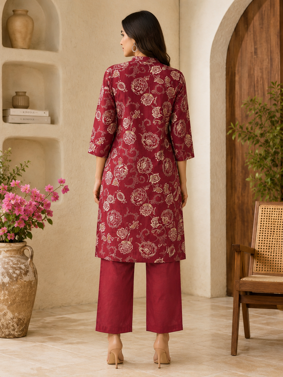 Maroon kurta set back view with floral print