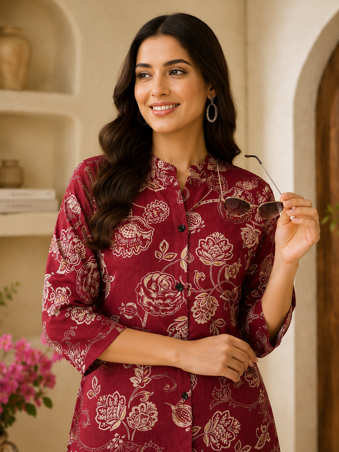 Close-up of floral print pattern on maroon kurti fabric
