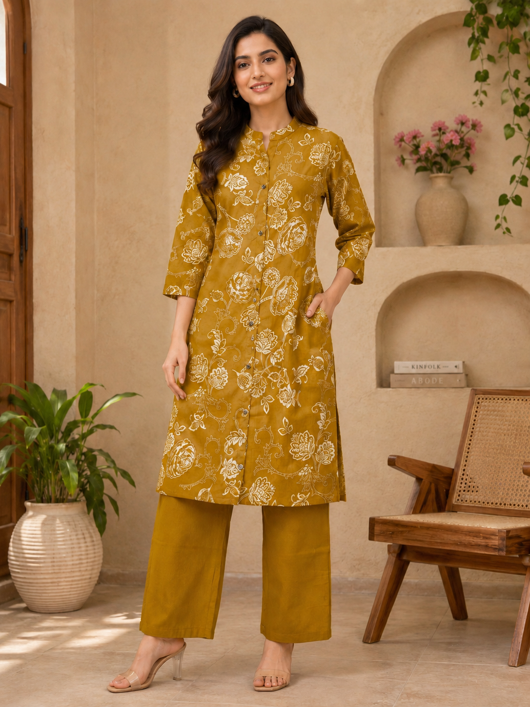 Yellow floral kurti styled with straight pants