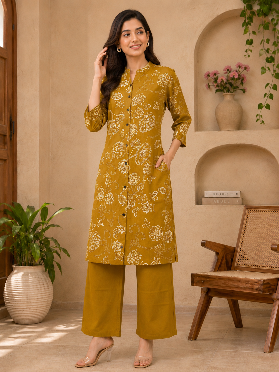 Mustard yellow floral printed kurta set for women with matching pants