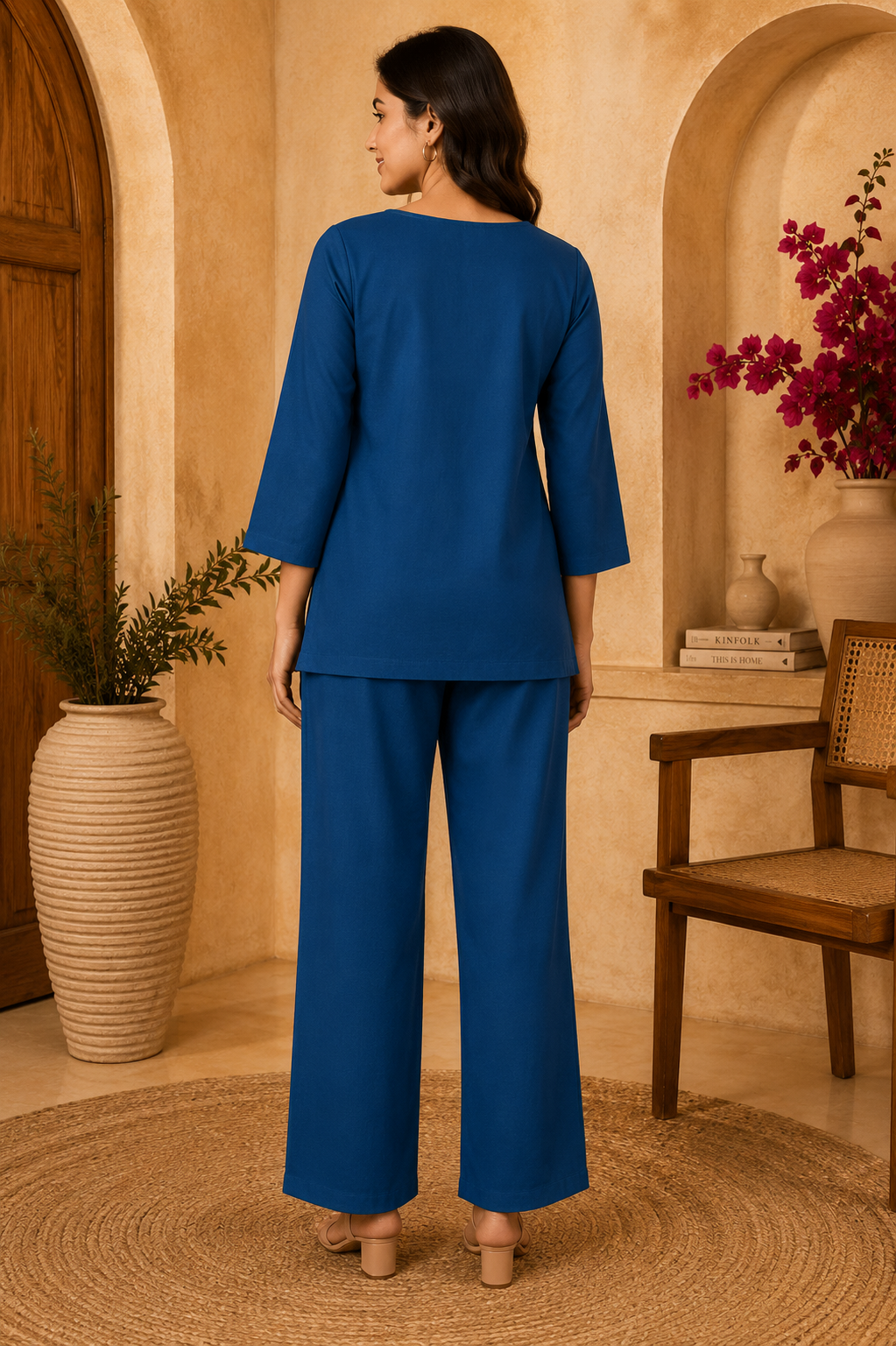 Navy blue suit set back view with floral print