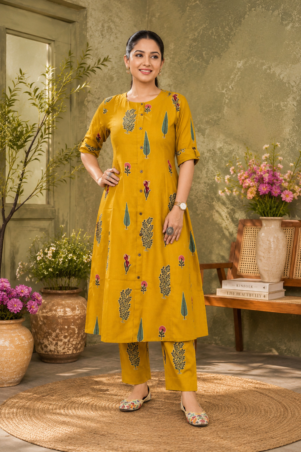 Women’s Mustard Printed Rayon Kurta Pant Set