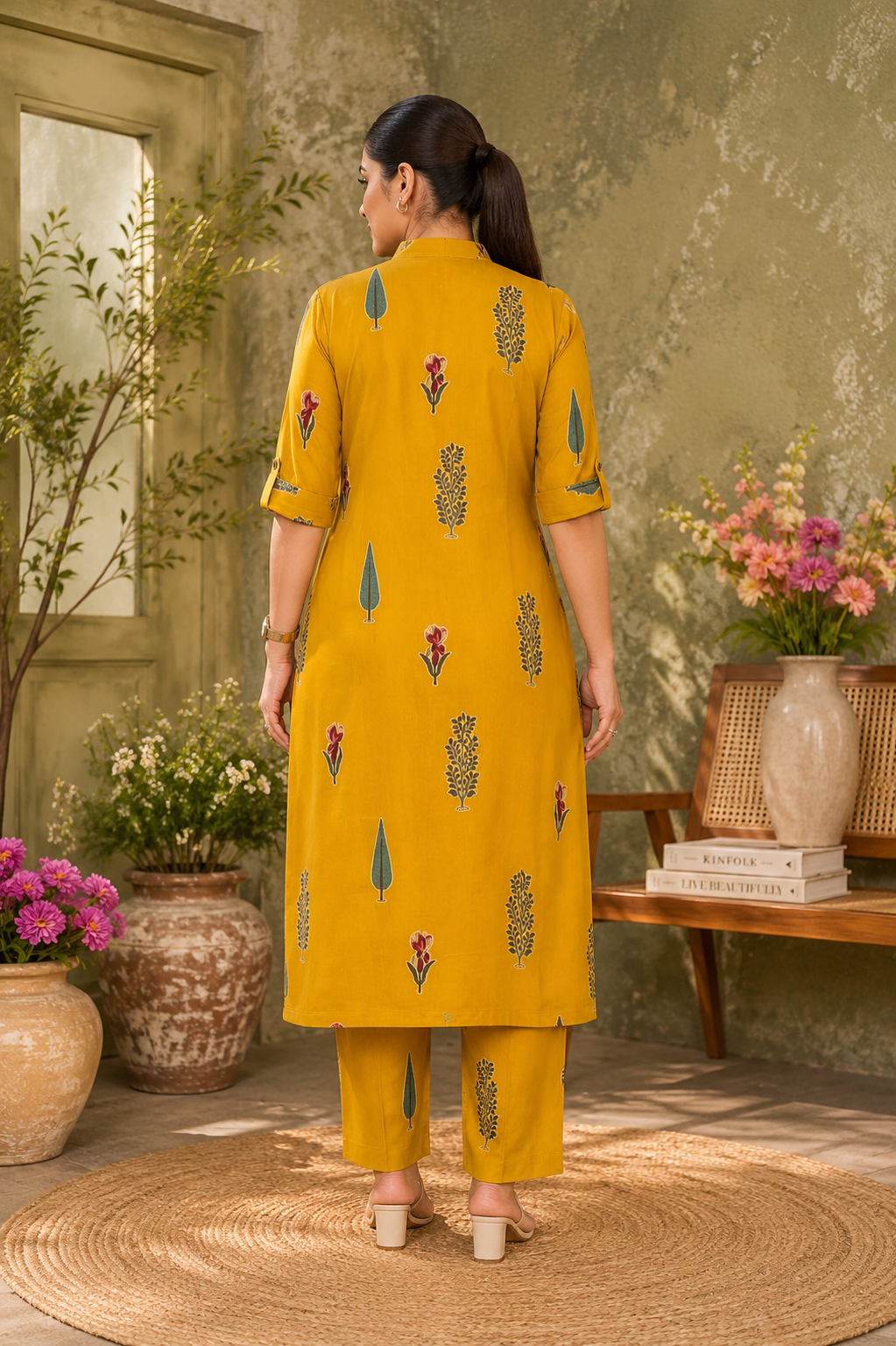 Women’s Mustard Printed Rayon Kurta Pant Set