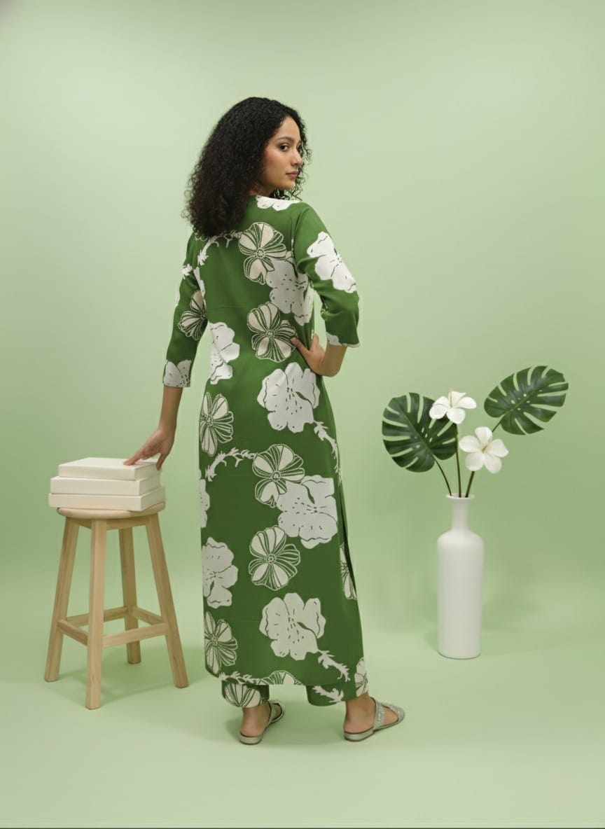 Green Floral Printed Poly Rayon Long Kurti Pant Co-ord Set for Women