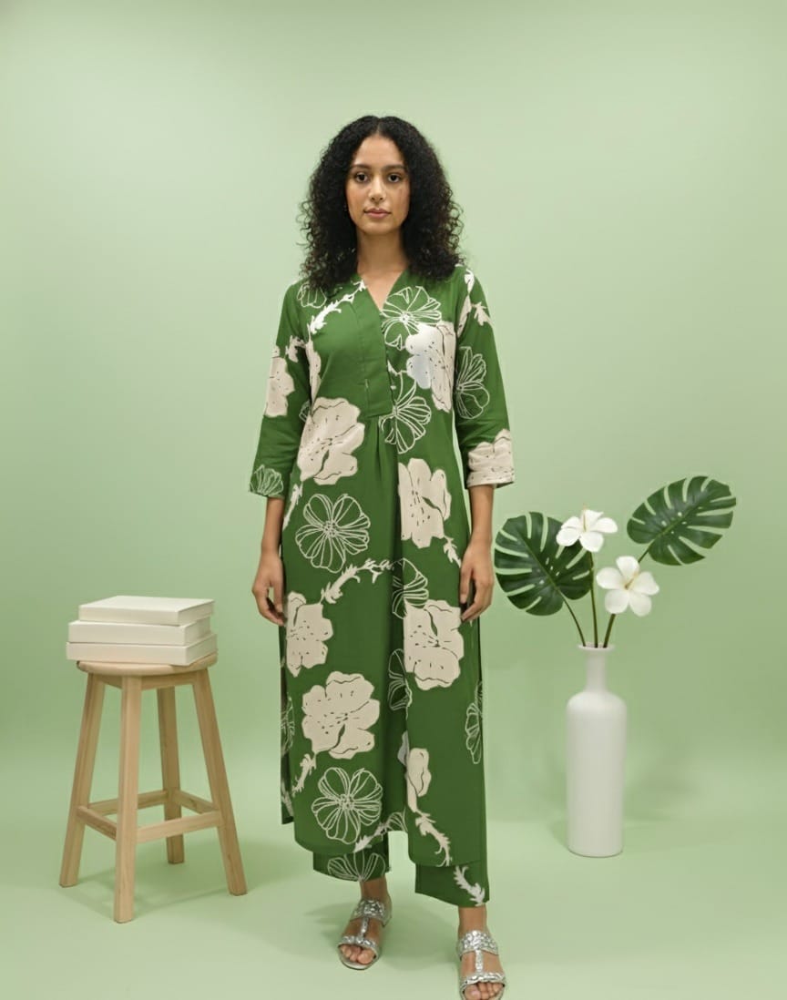 Green Floral Printed Poly Rayon Long Kurti Pant Co-ord Set for Women