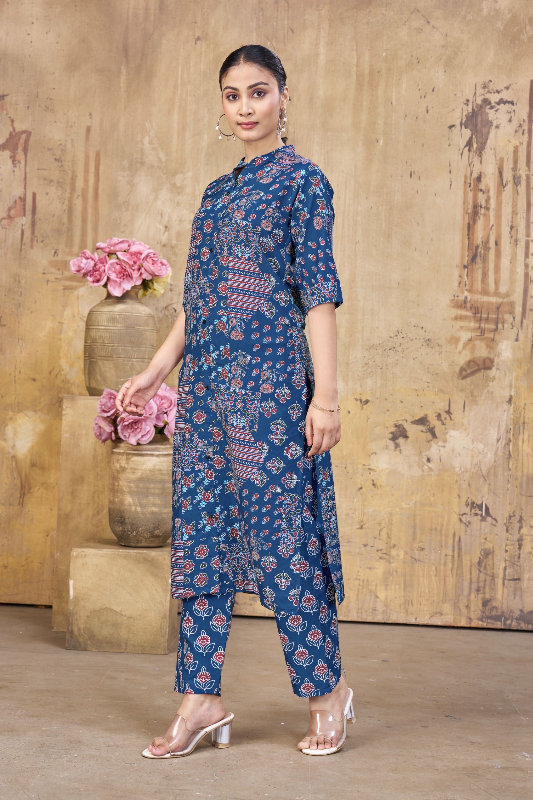 Navy Blue Poly Rayon Co Ord Set For Women