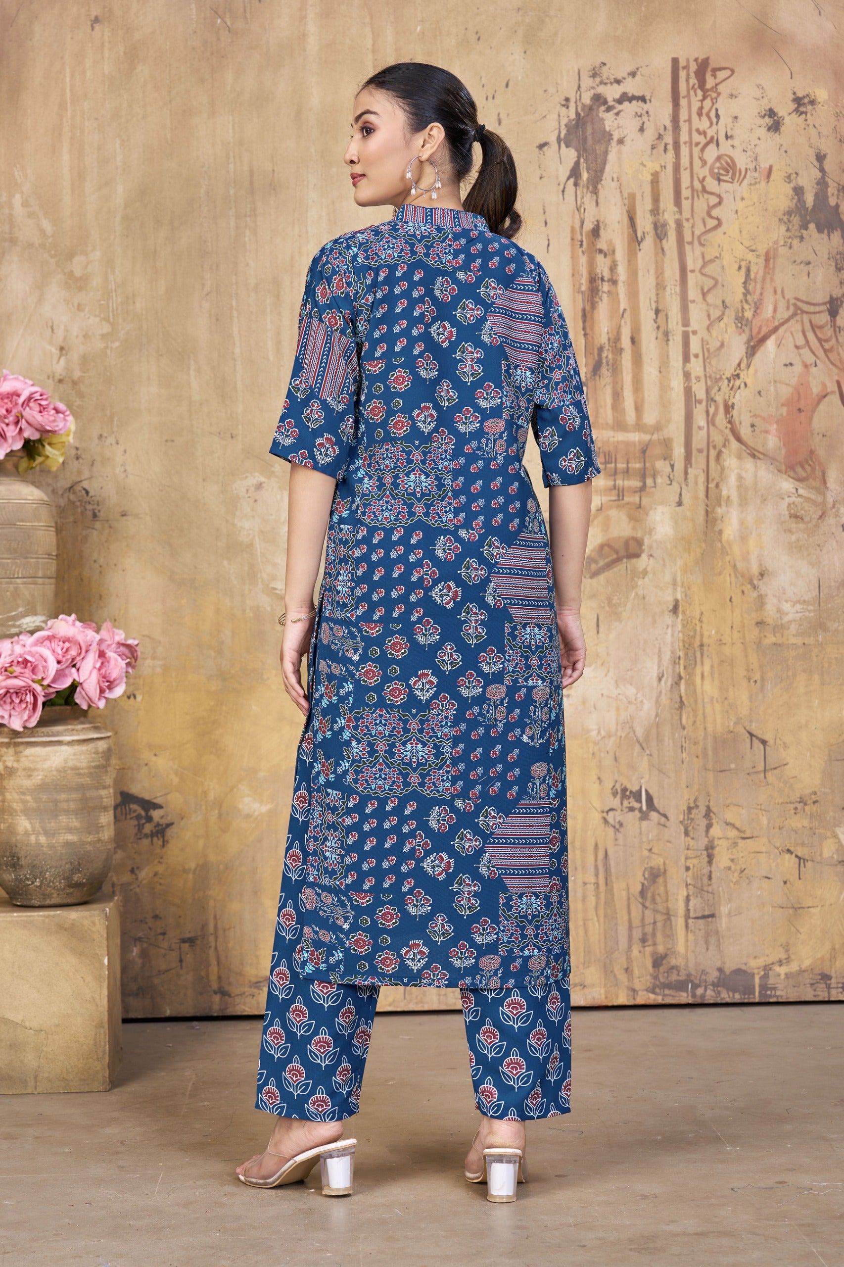 Navy Blue Poly Rayon Co Ord Set For Women