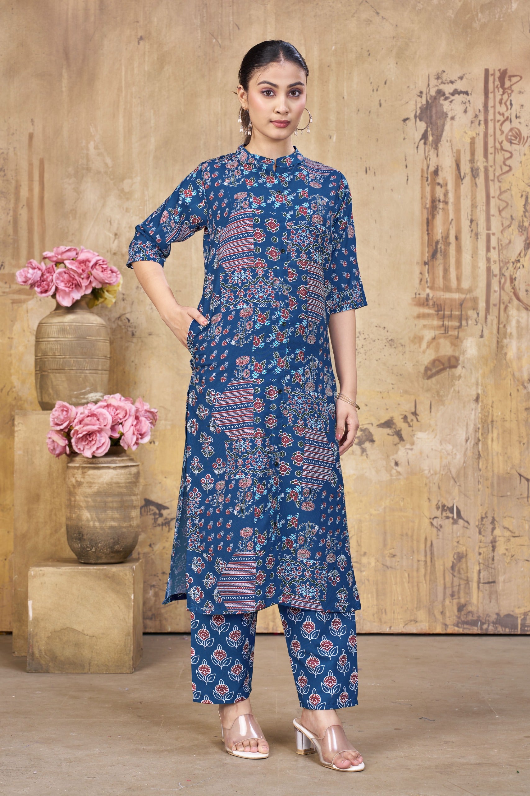 Navy Blue Poly Rayon Co Ord Set For Women