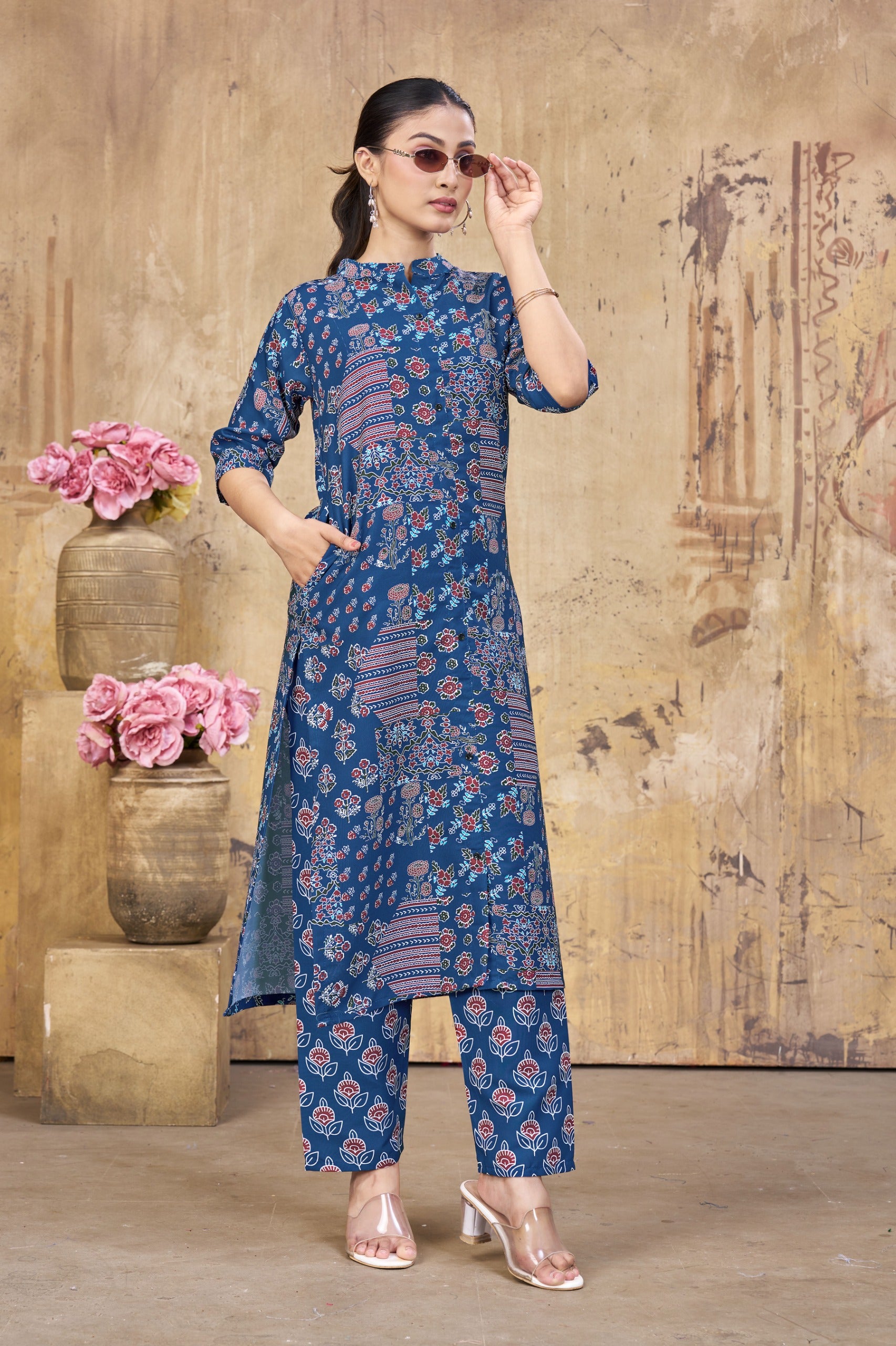 Navy Blue Poly Rayon Co Ord Set For Women