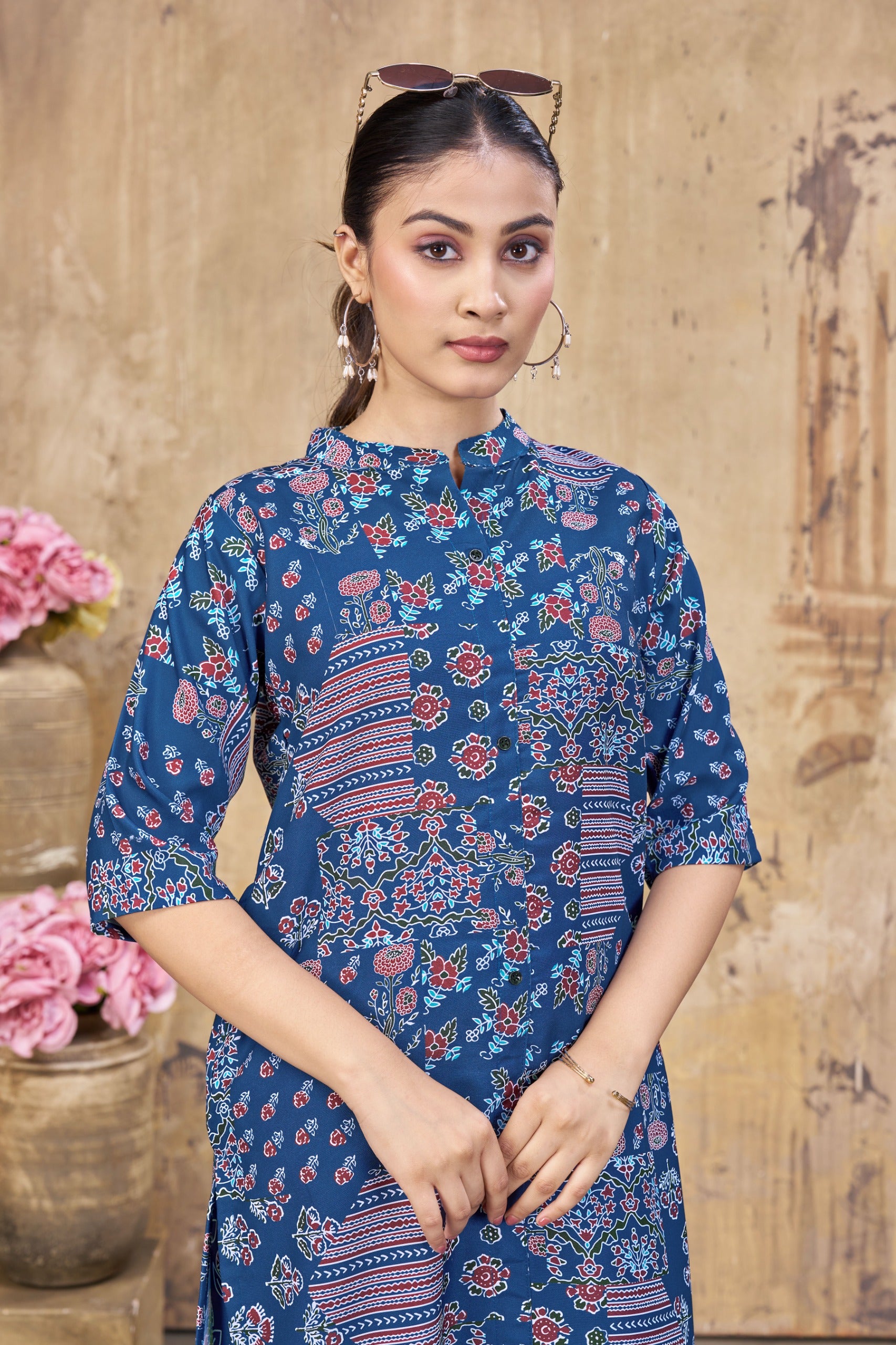 Navy Blue Poly Rayon Co Ord Set For Women