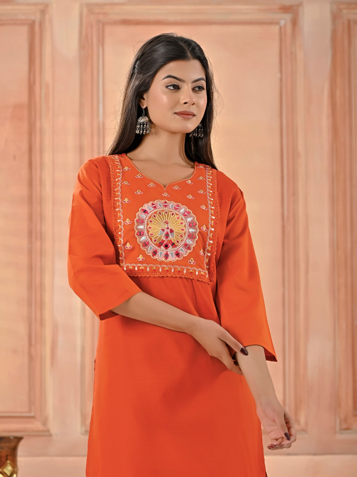 Cotton Blend Embroidered Yoke Kurti Pant Set for Women