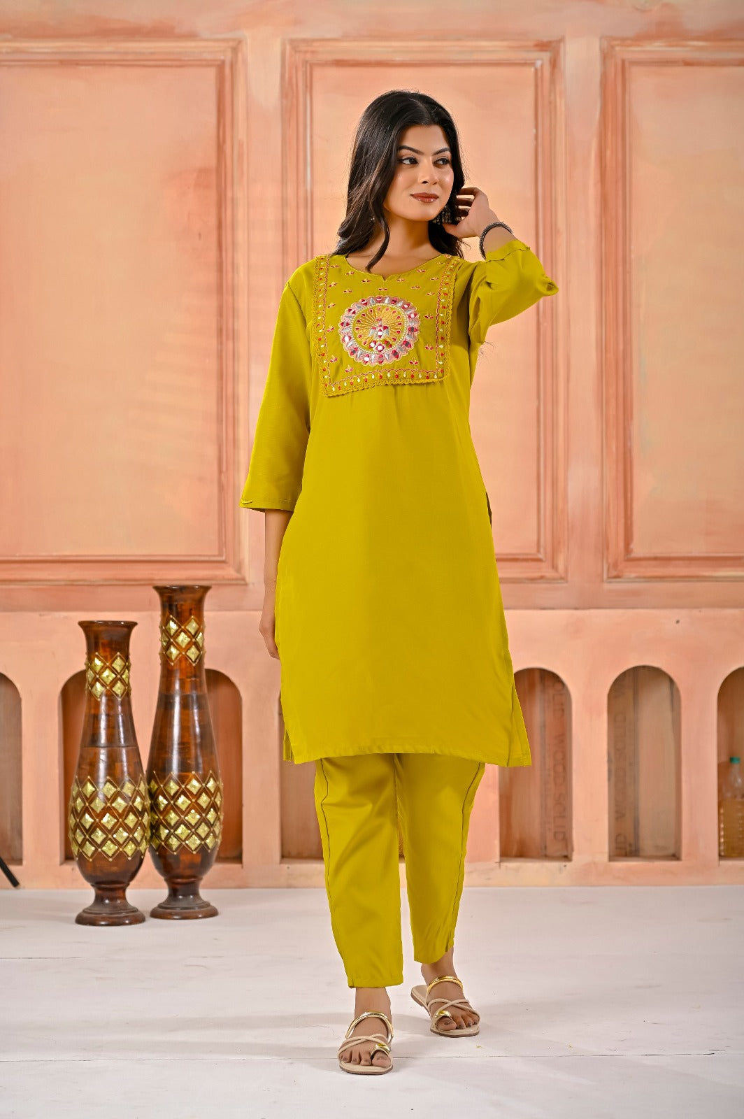 Cotton Blend Embroidered Yoke Kurti Pant Set for Women