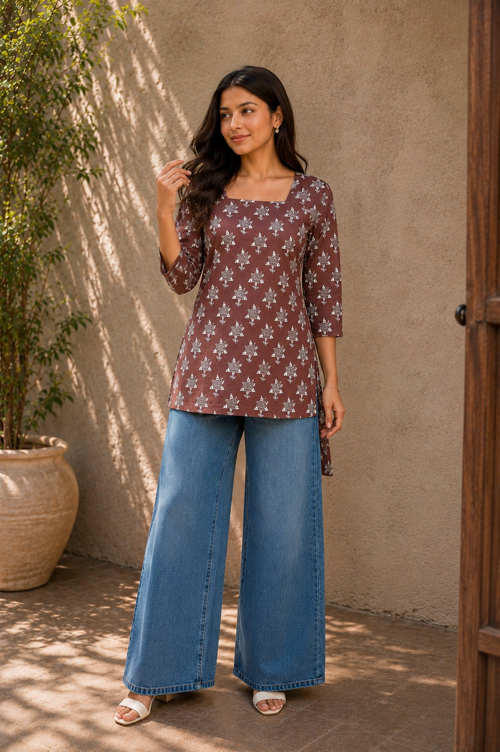 Woman wearing brown floral printed rayon tunic paired with blue wide-leg jeans