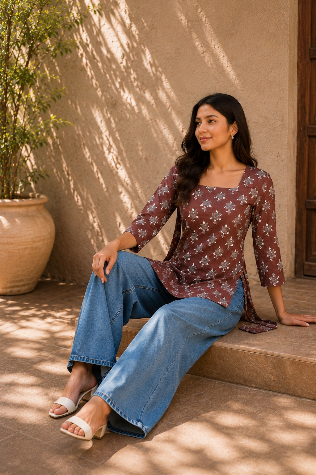 Brown printed rayon tunic for women with side slit detail, styled with denim jeans and heels