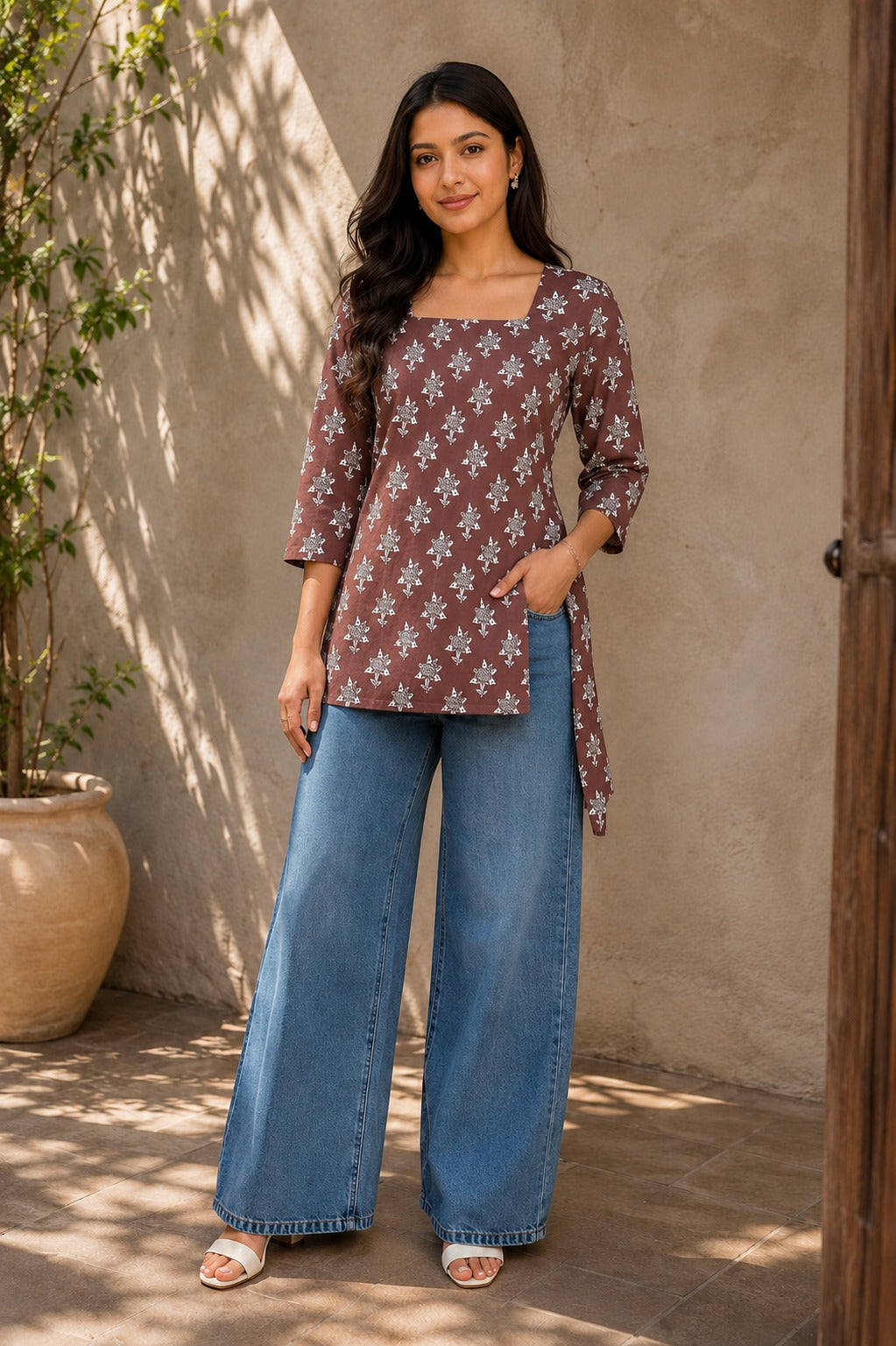 Brown printed rayon tunic for women with square neckline, styled with wide-leg denim jeans