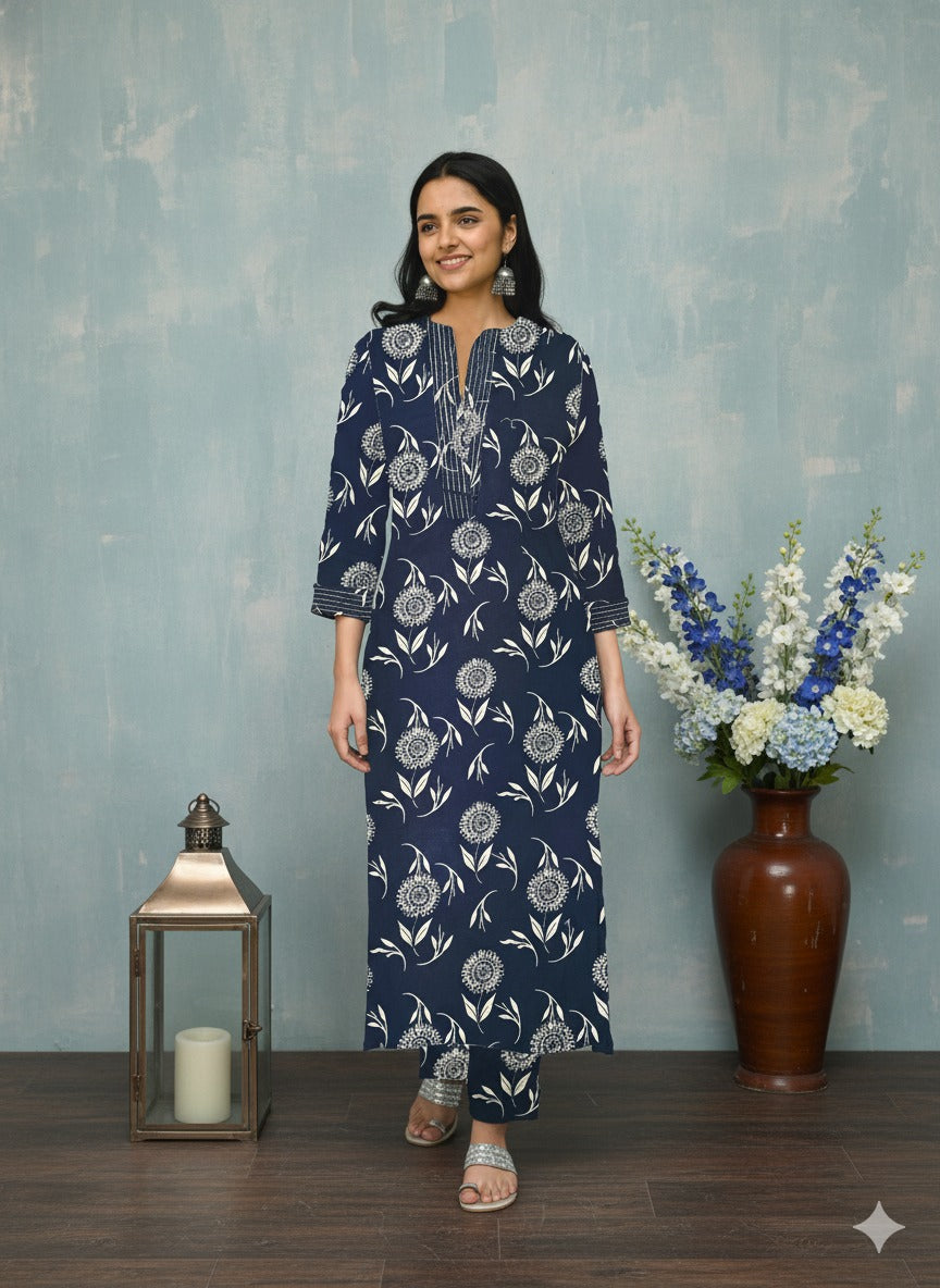 Navy Blue Floral Printed Poly Rayon Kurti Pant Set for Women