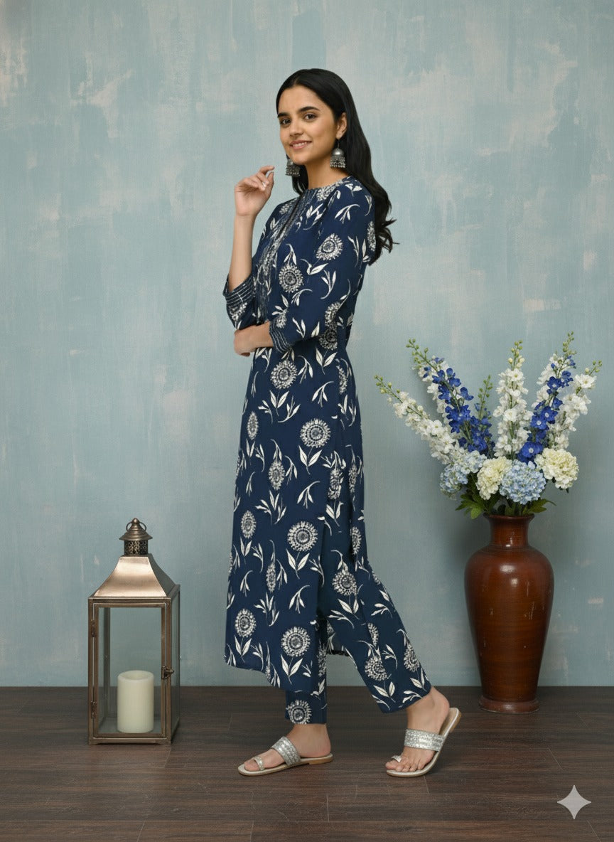 Navy Blue Floral Printed Poly Rayon Kurti Pant Set for Women