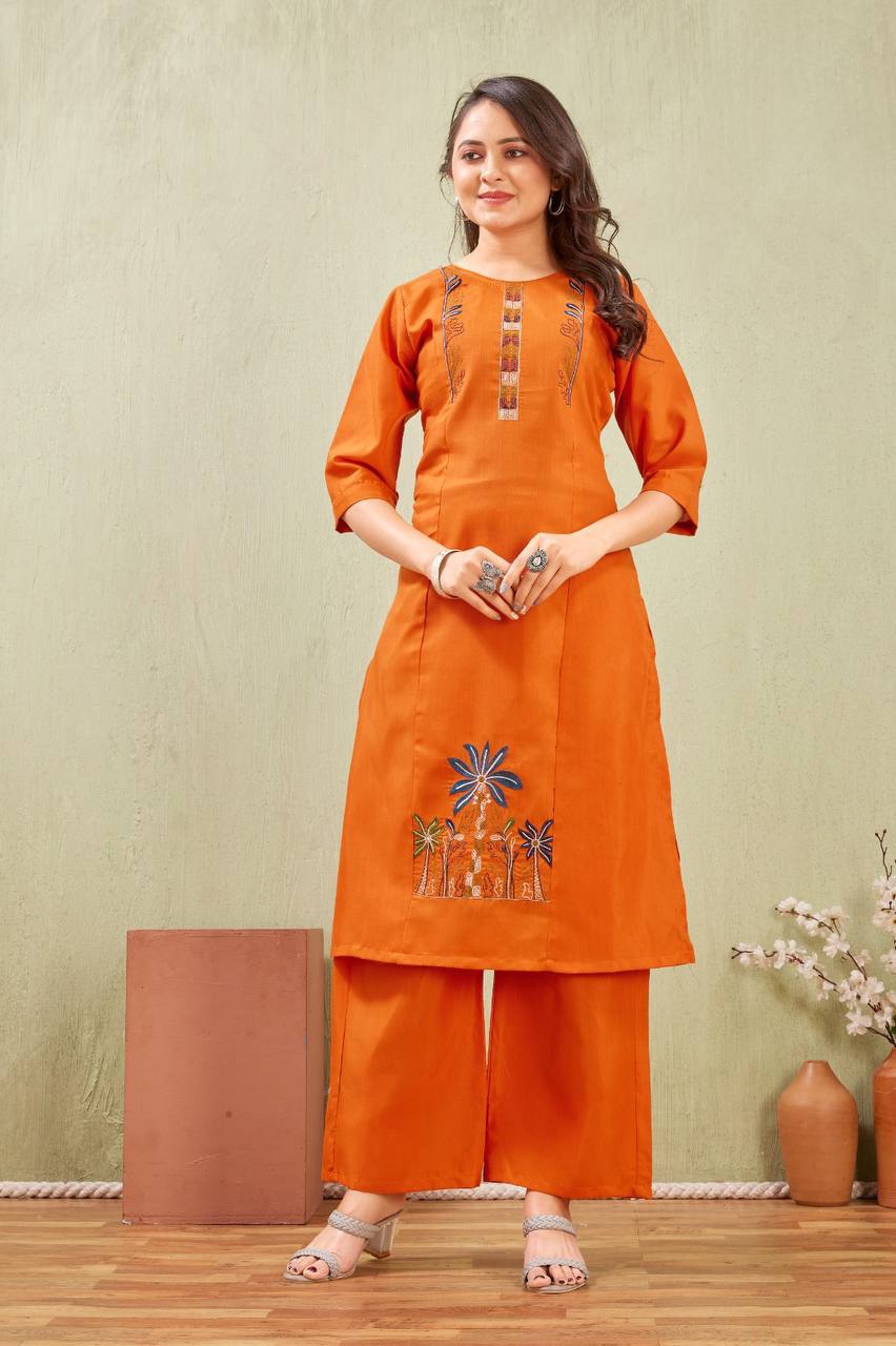 Solid Cotton Embroidered Top with Palazzo Set for Women