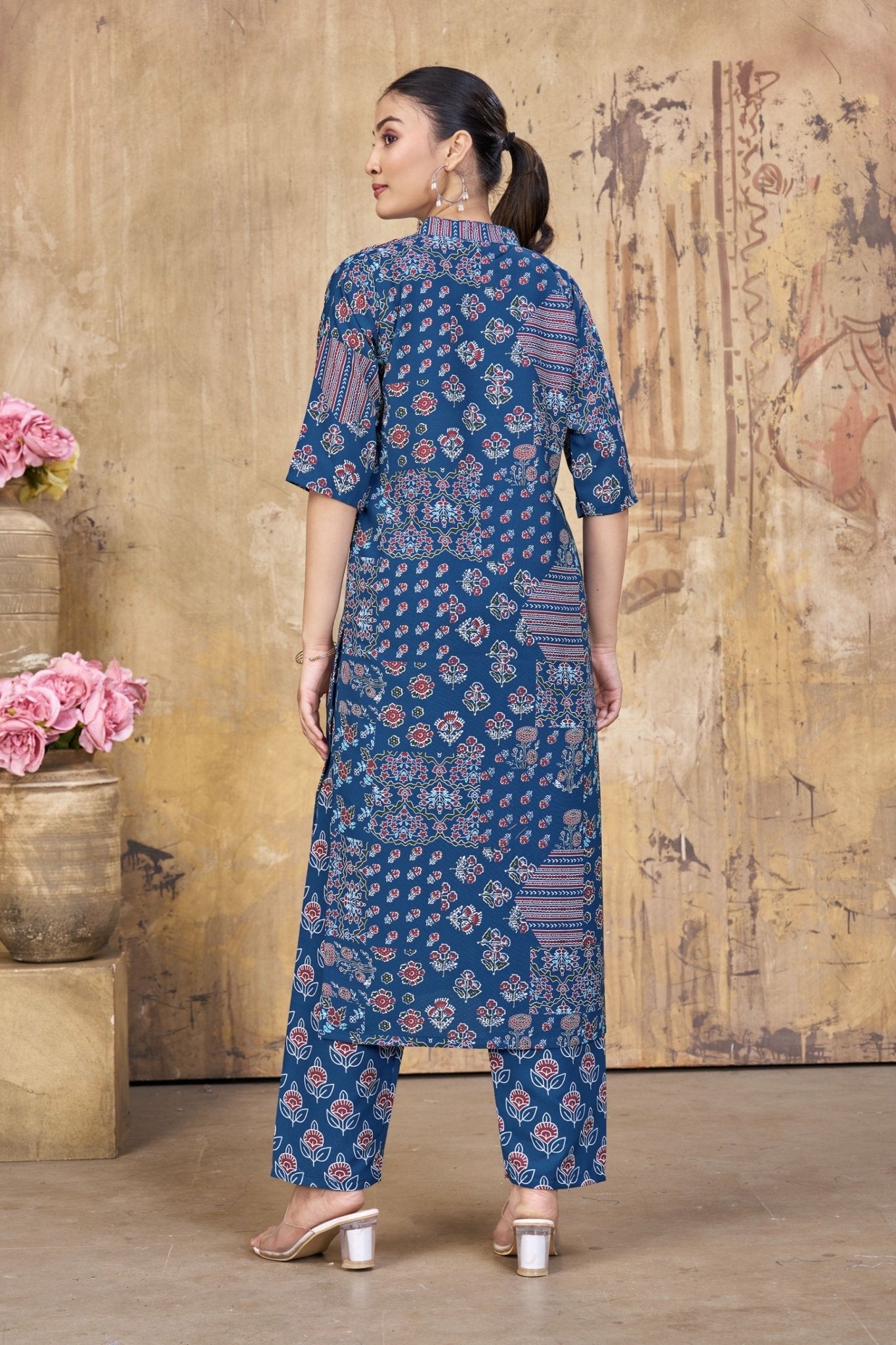 Navy Blue Floral Printed Rayon Kurta Set for Women | Fadrox