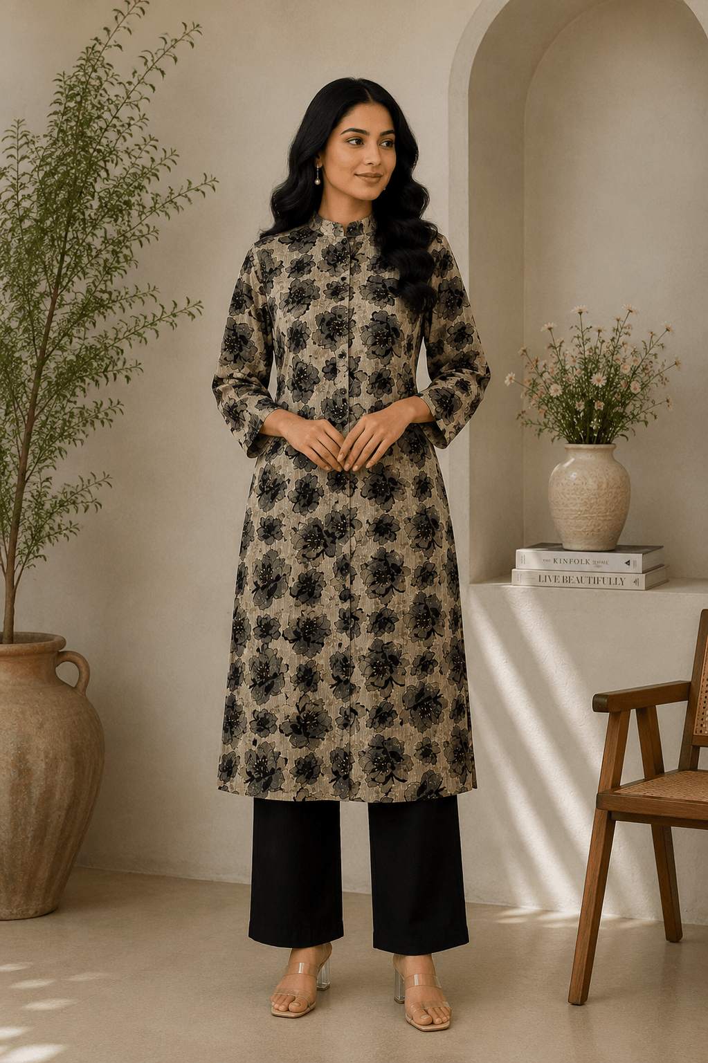 beige black floral printed rayon kurta set women full outfit