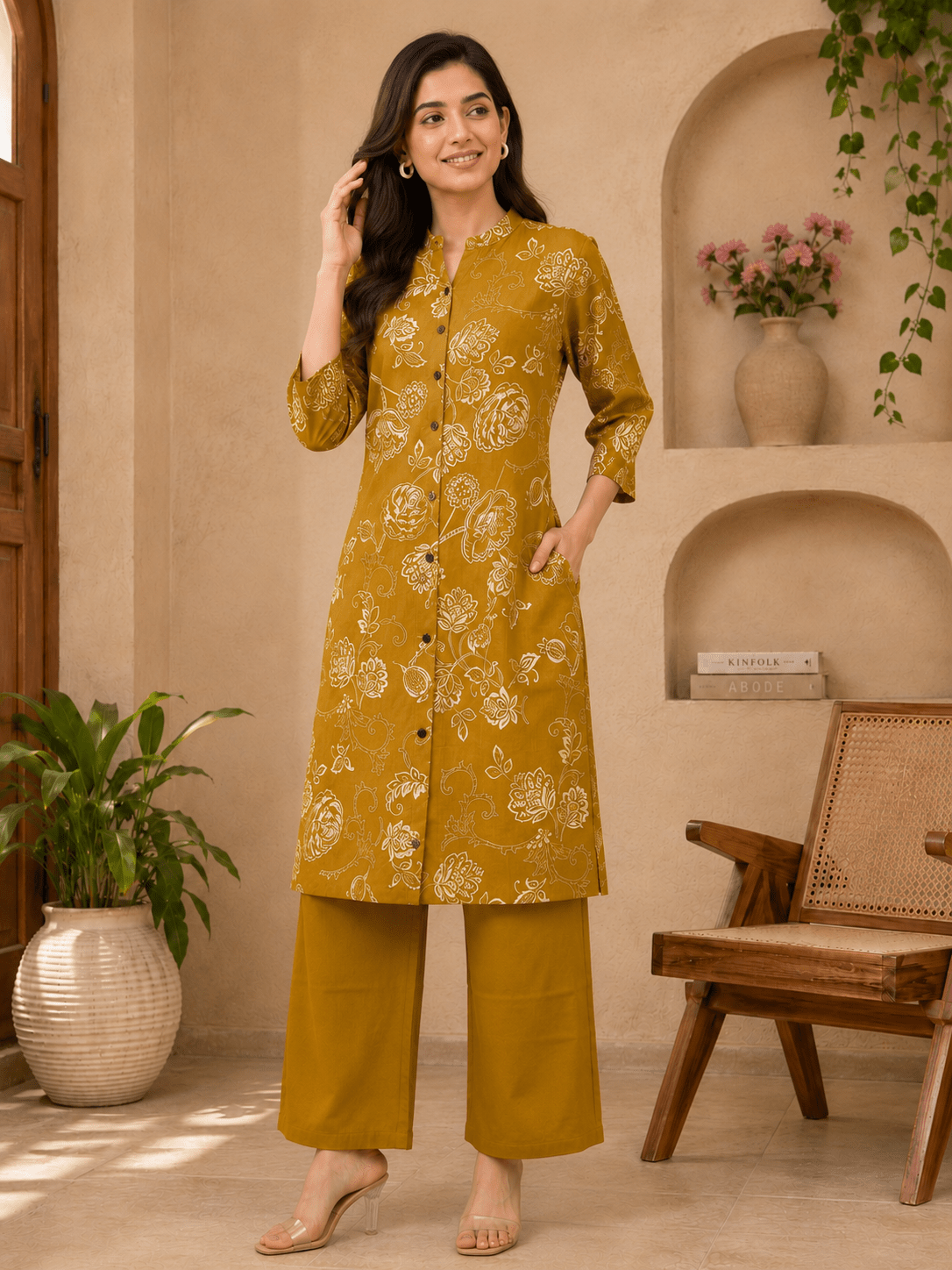 Mustard yellow floral printed kurta set for women with matching pants