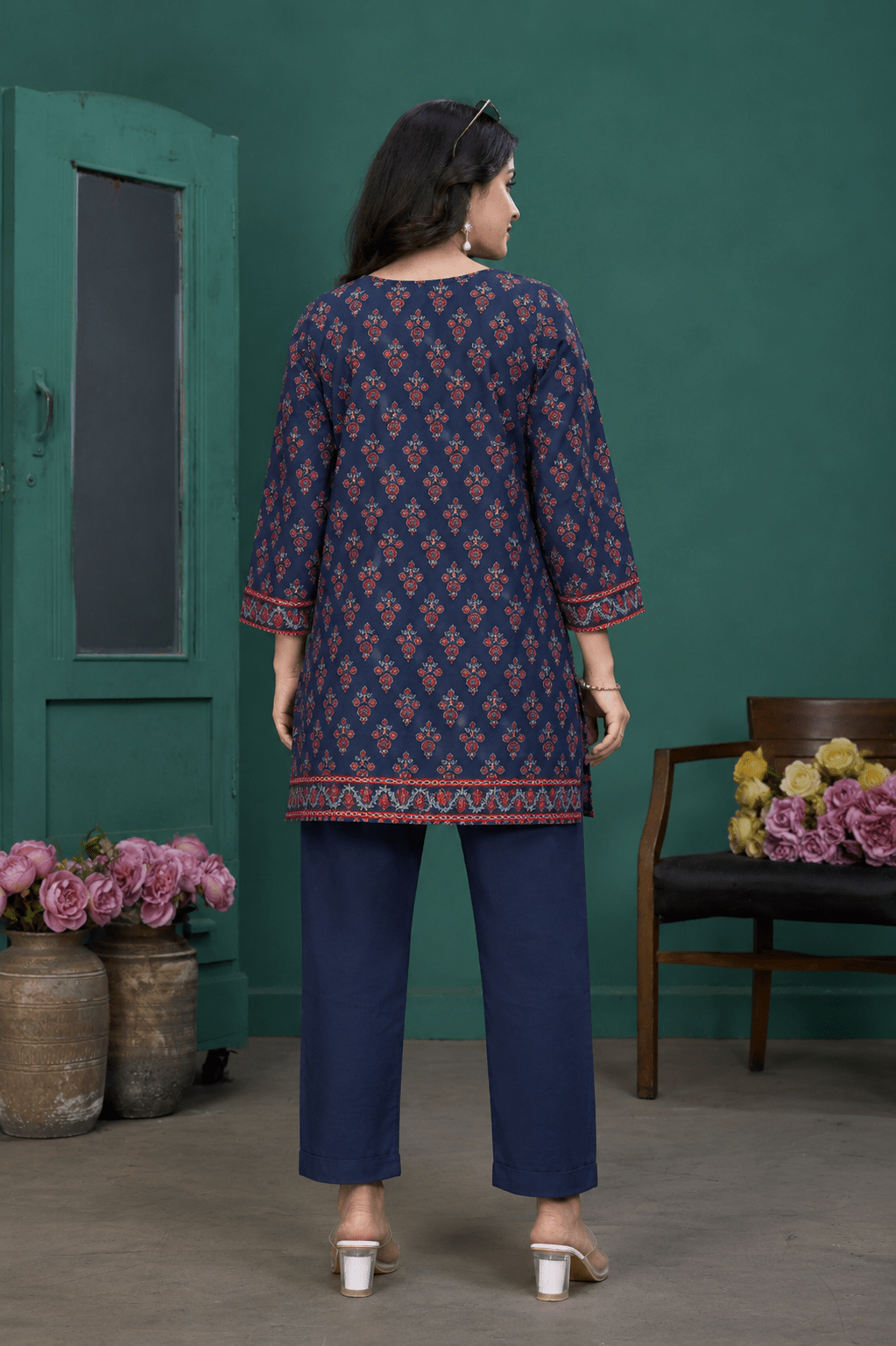 One Piece Dress for Women Party Wear - Navy Blue Printed