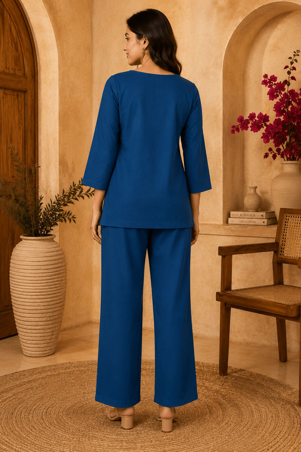 Navy blue suit set back view with floral print