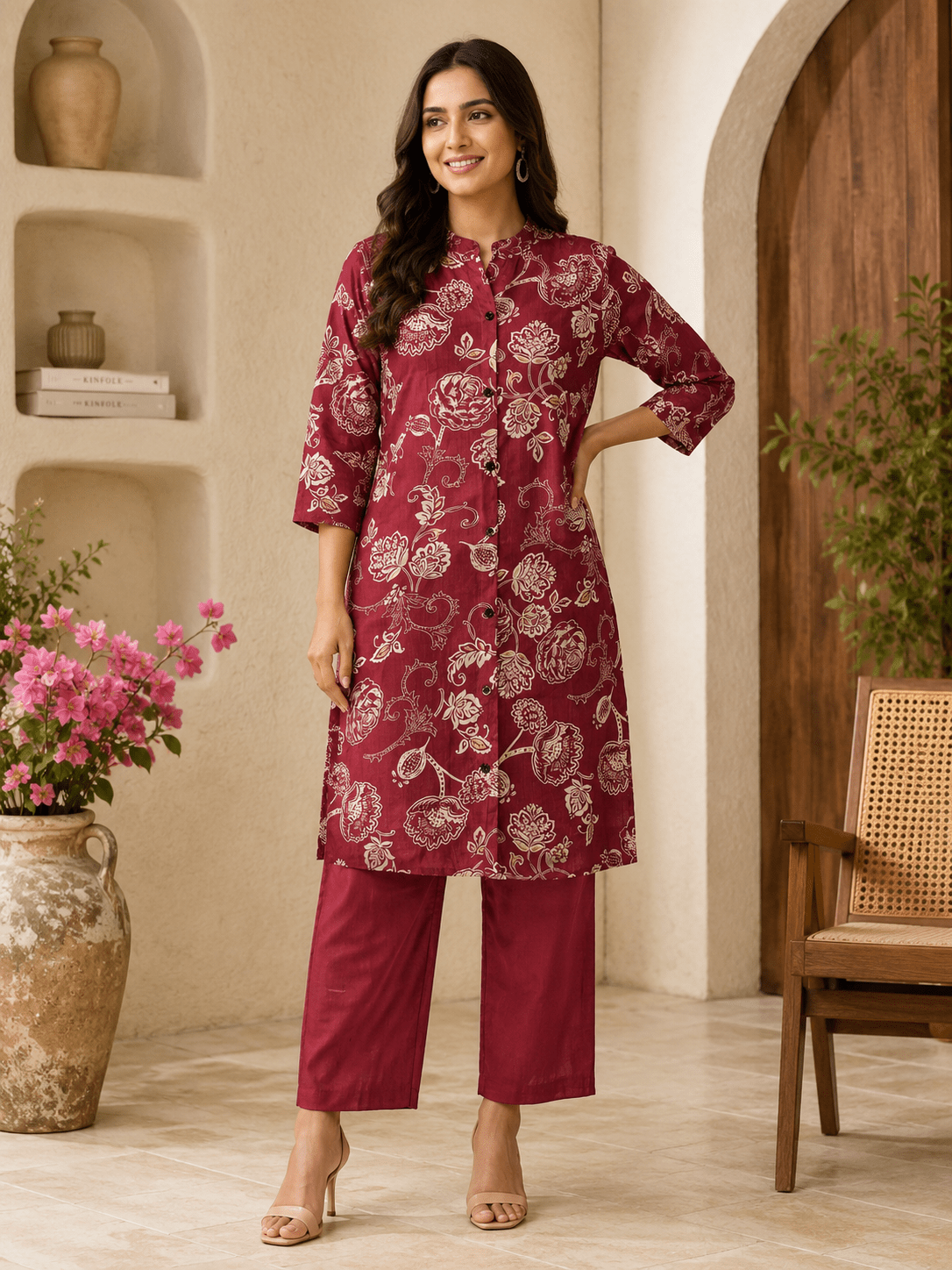 Maroon floral printed kurta set for women with matching pants
