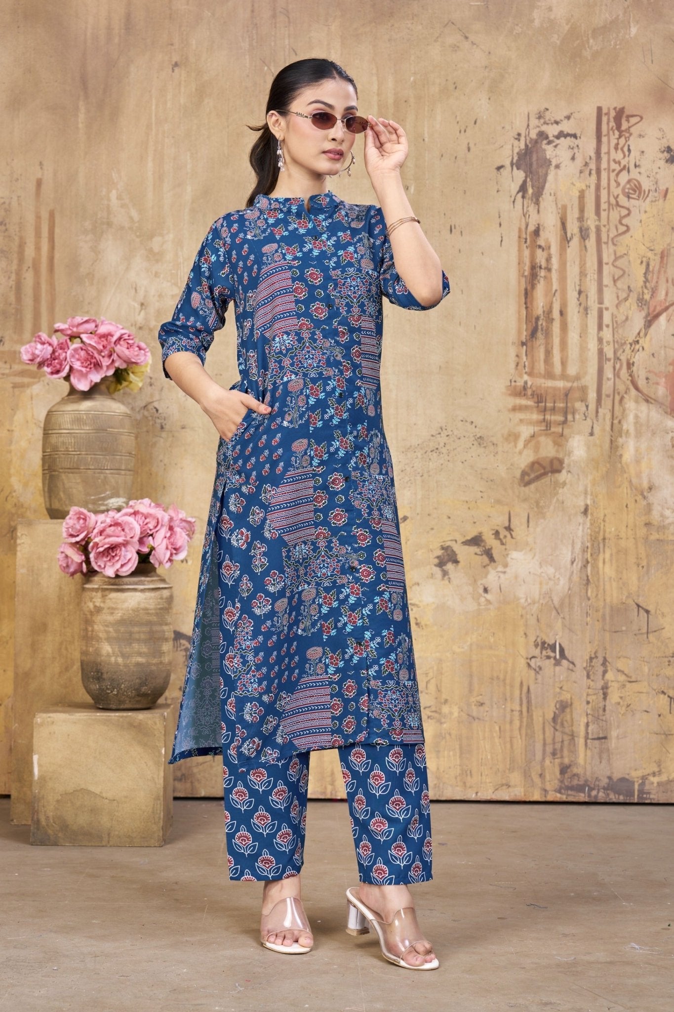 Navy Blue Floral Printed Rayon Kurta Set for Women | Fadrox
