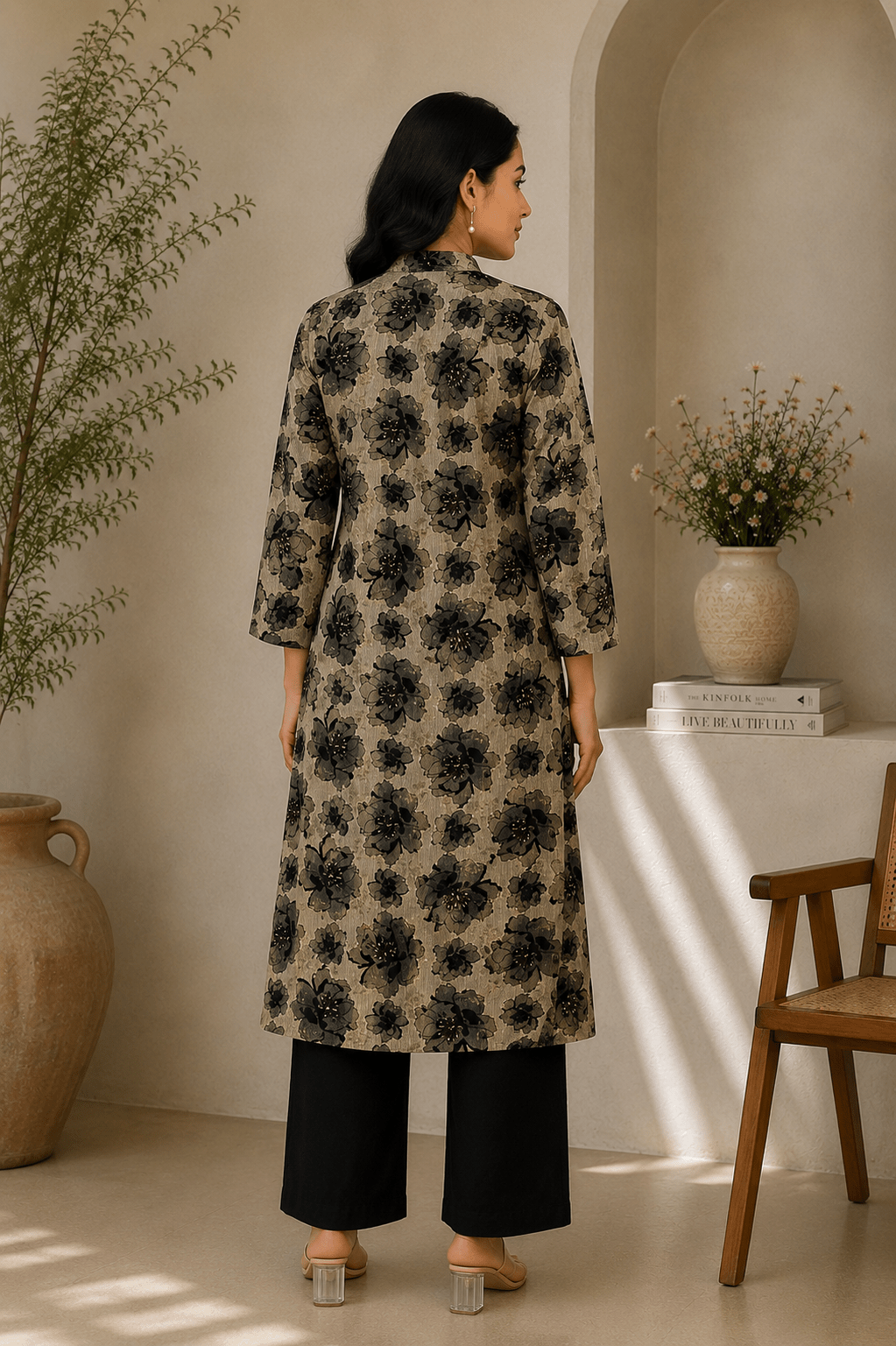 beige black kurta set women back view styling
