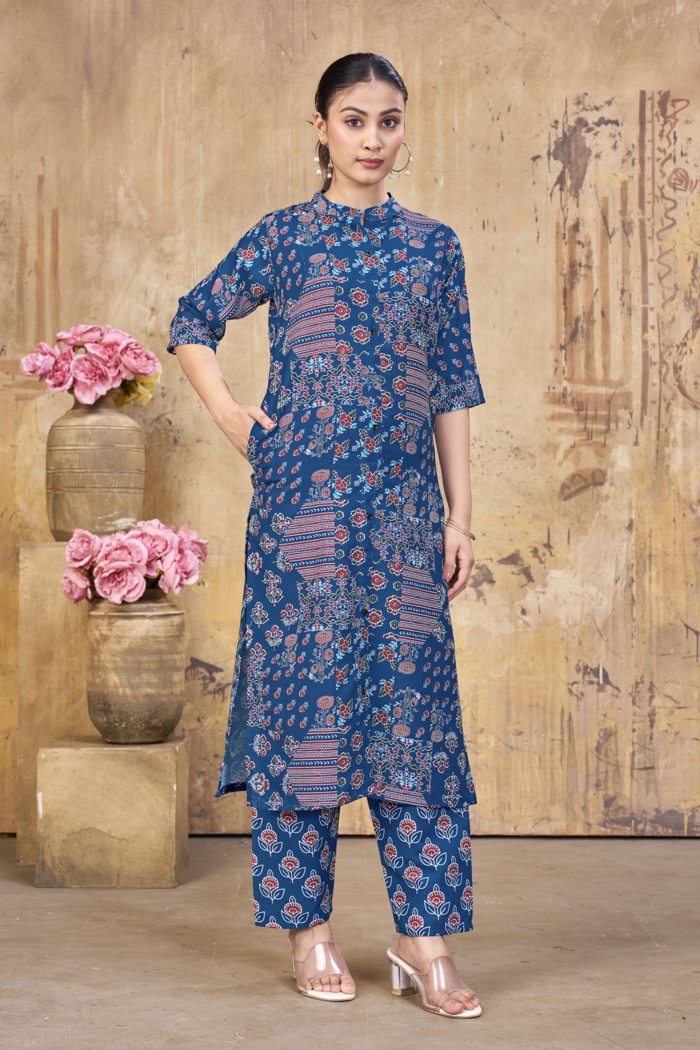 Navy Blue Floral Printed Rayon Kurta Set for Women | Fadrox