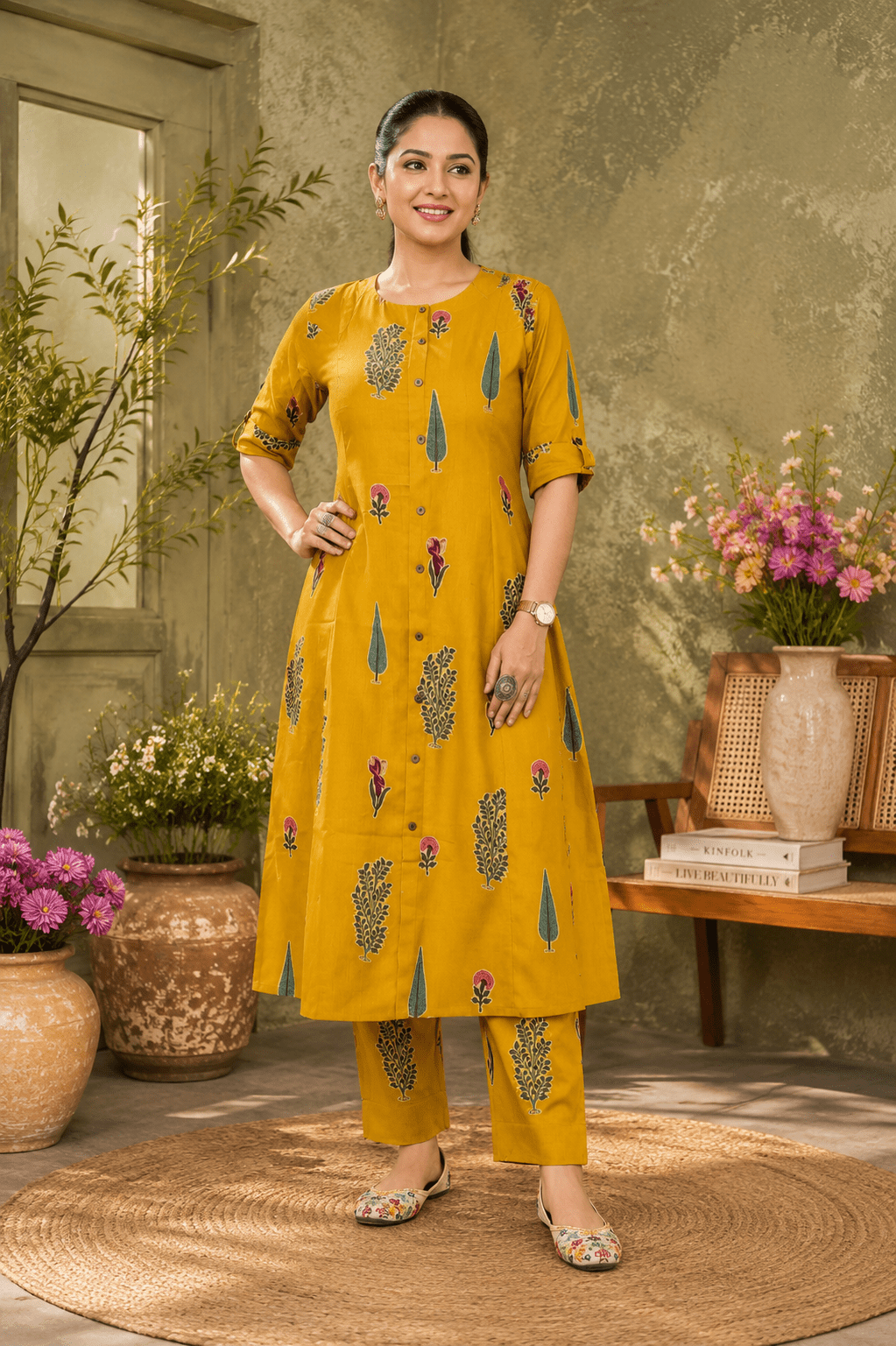 mustard printed rayon kurta set women full outfit