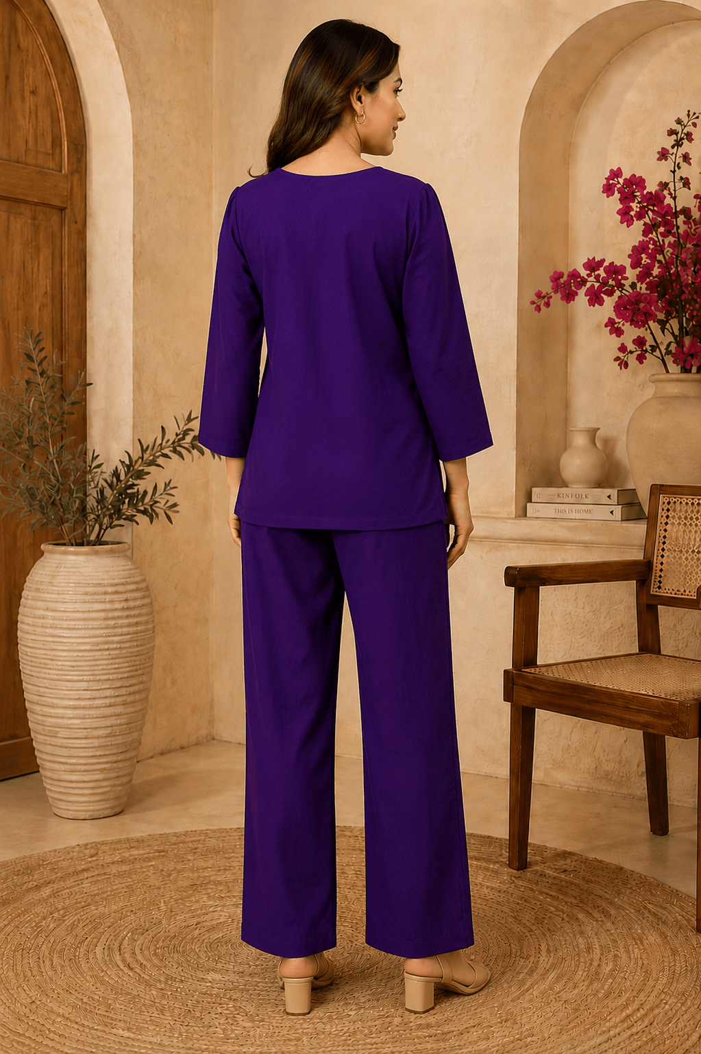 Back view of purple co-ord set with straight-fit pants