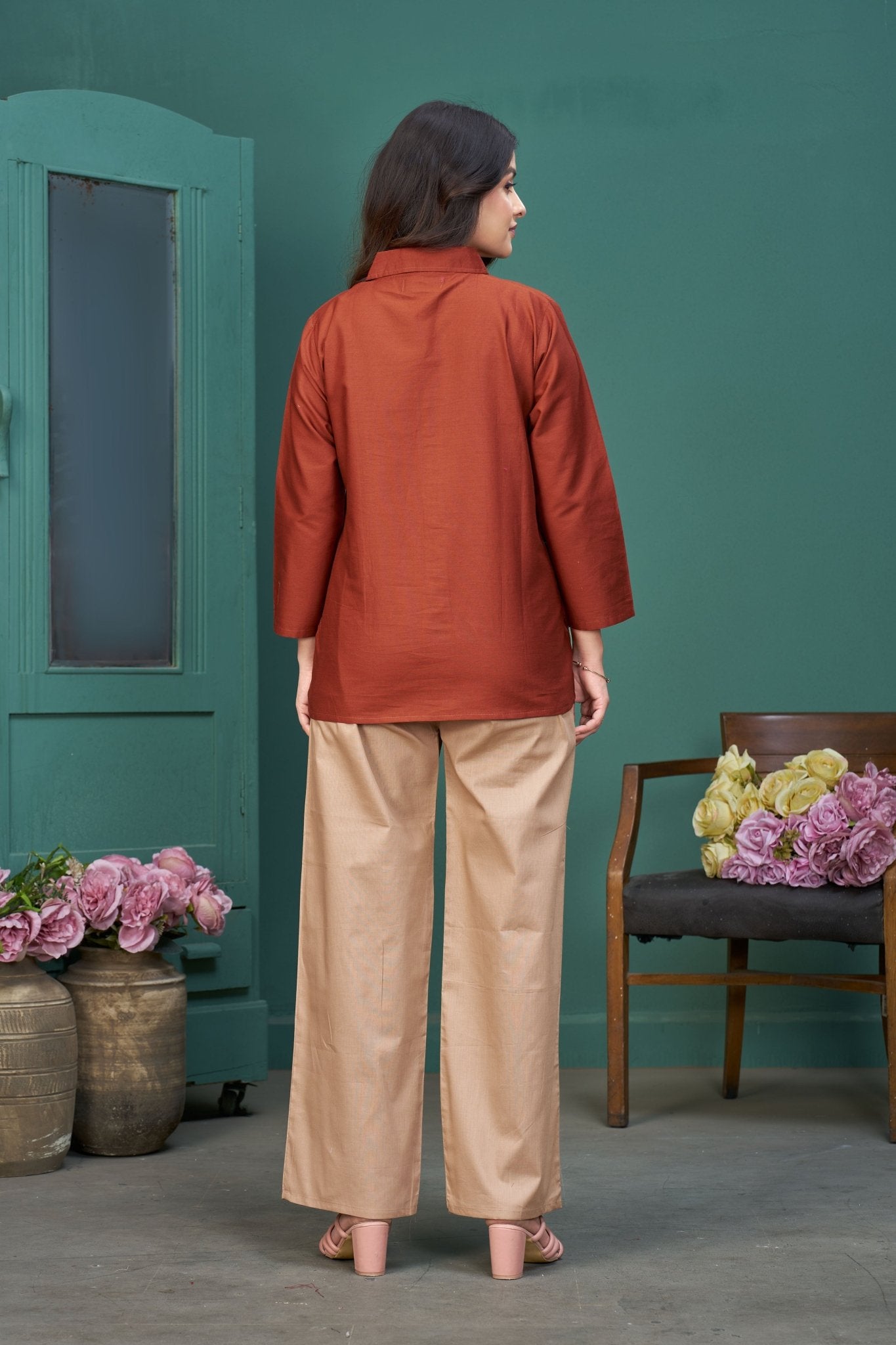 Co-ord set for women, rust color floral embroidered shirt