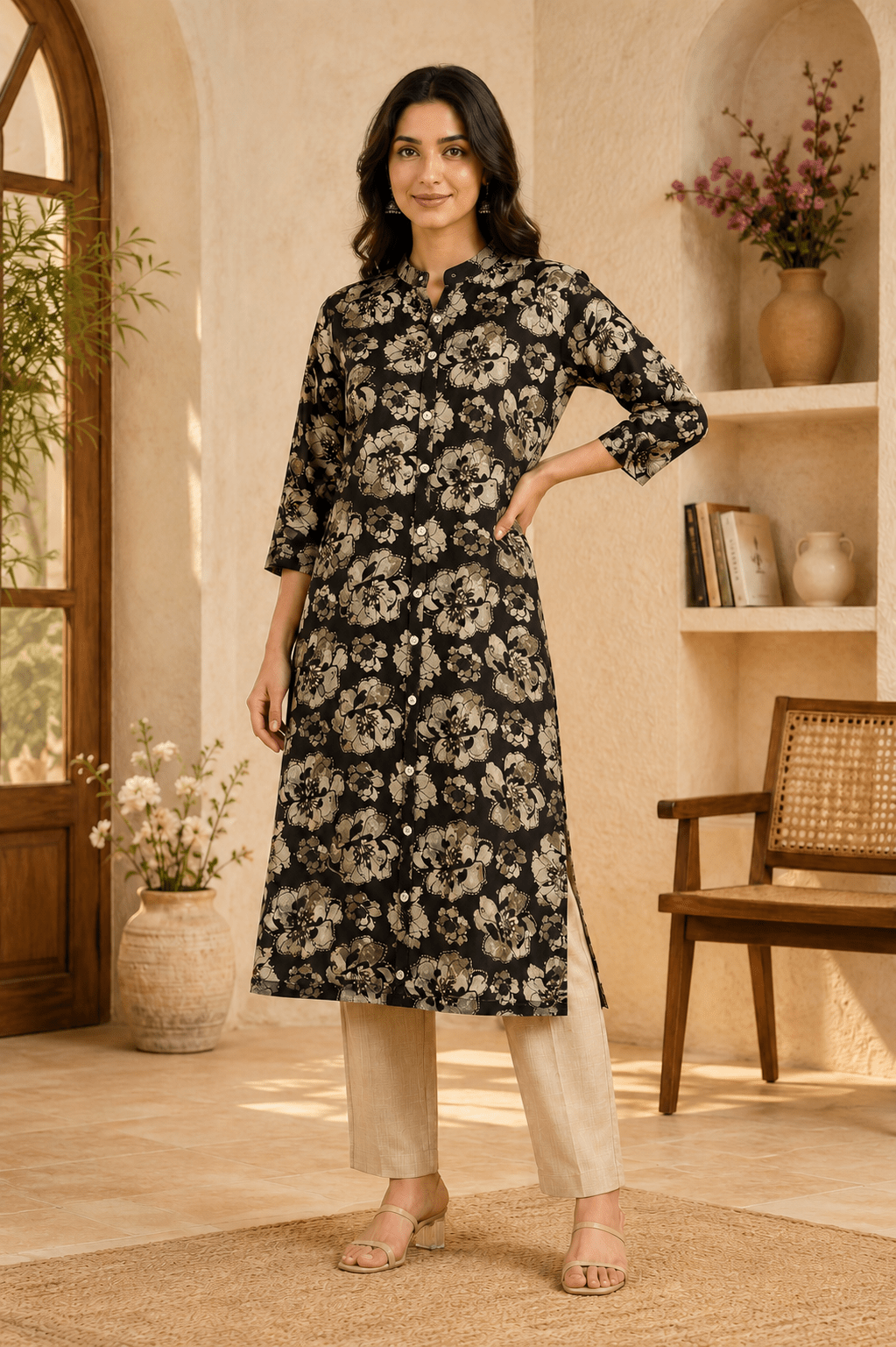 Black floral midi dress for women with round neckline