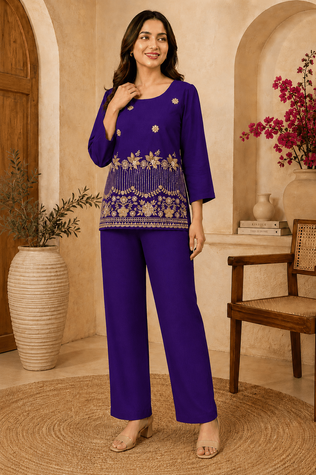 Purple co-ord set with gold floral embroidery and round neckline