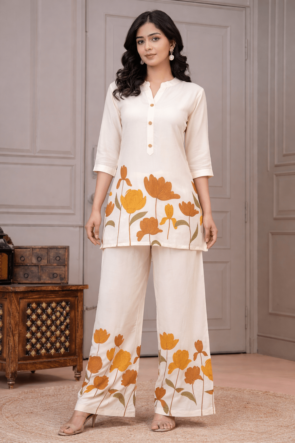 Cream floral printed co-ord set for women