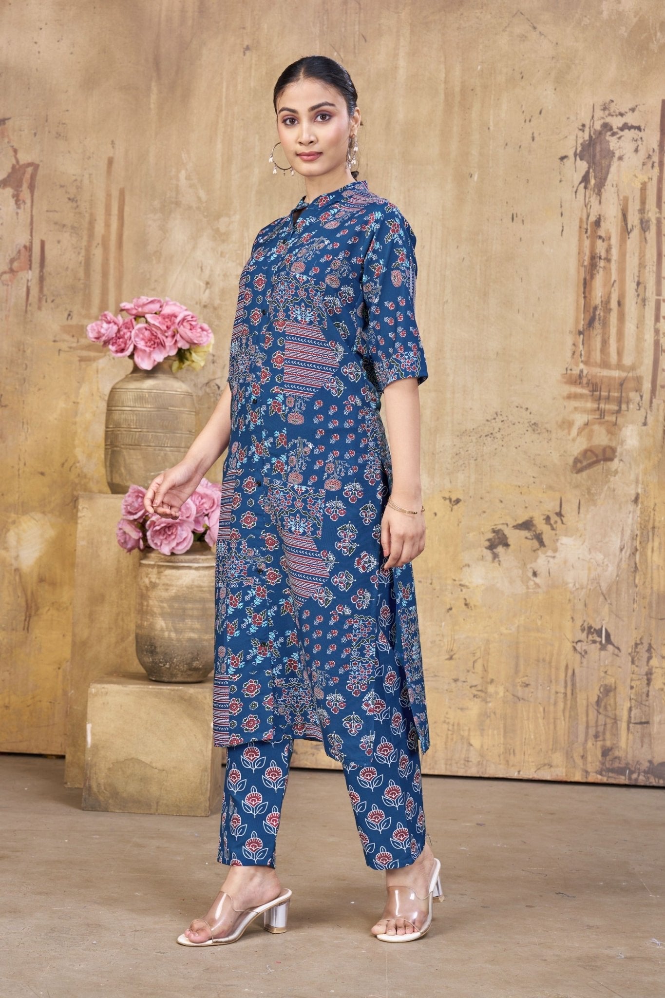 Navy Blue Floral Printed Rayon Kurta Set for Women | Fadrox