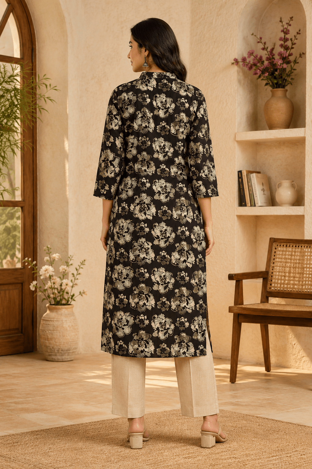 Back view of black floral printed midi dress
