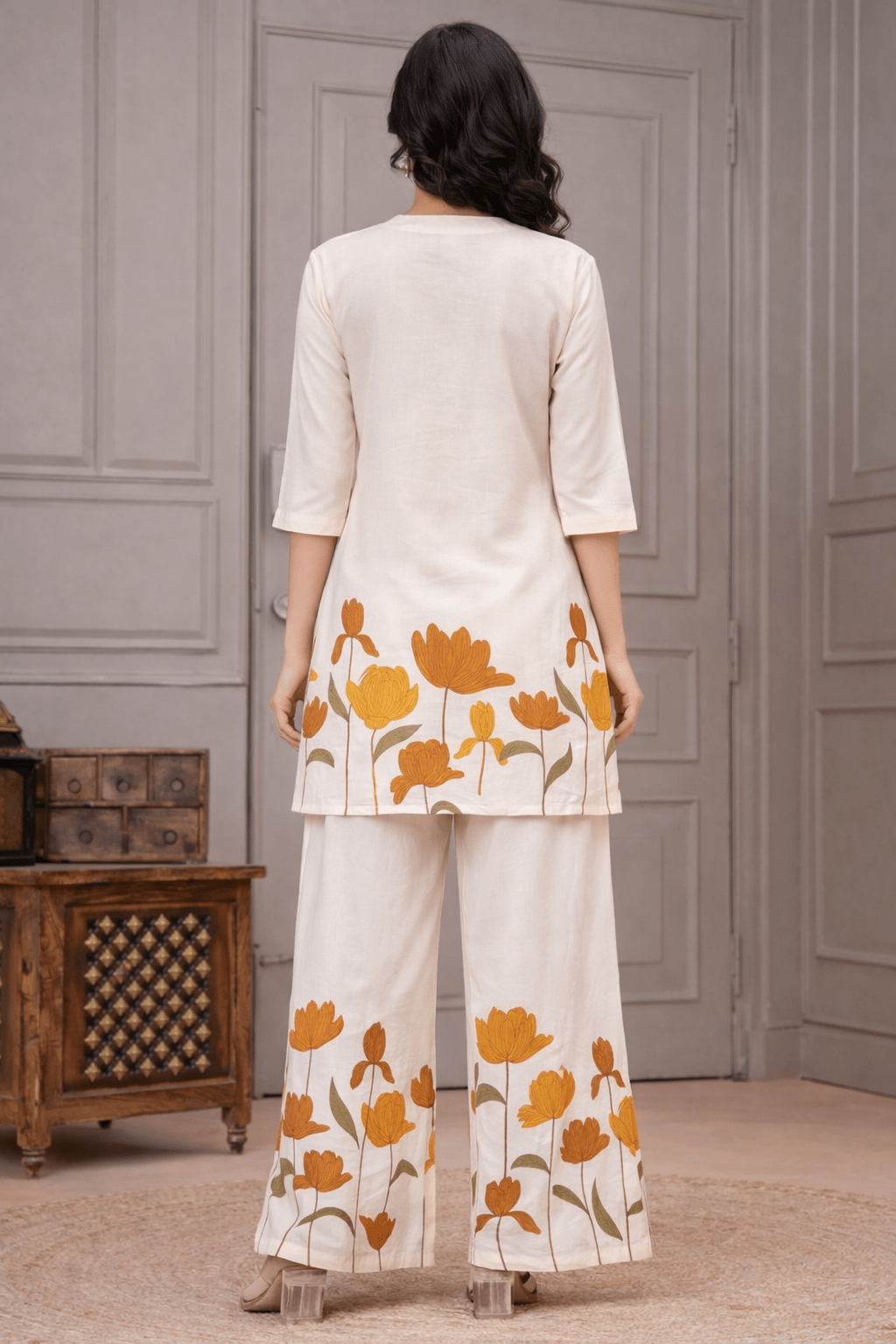 Printed co-ord set for women, mustard floral rayon fabric